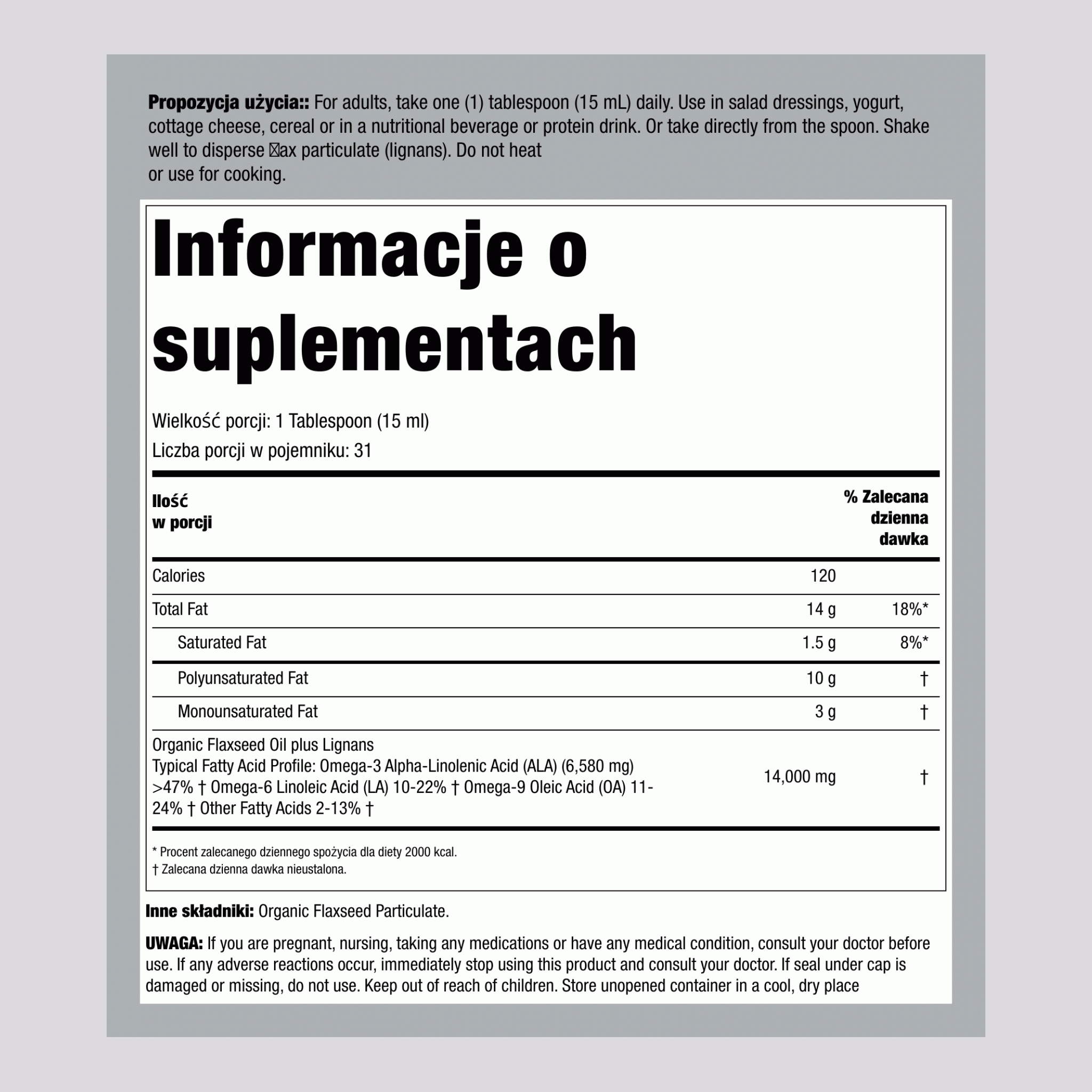 Olej lniany z lignanami (Organiczna) 16 Uncje sześcienne 473 ml Butelki 2 Butelki  