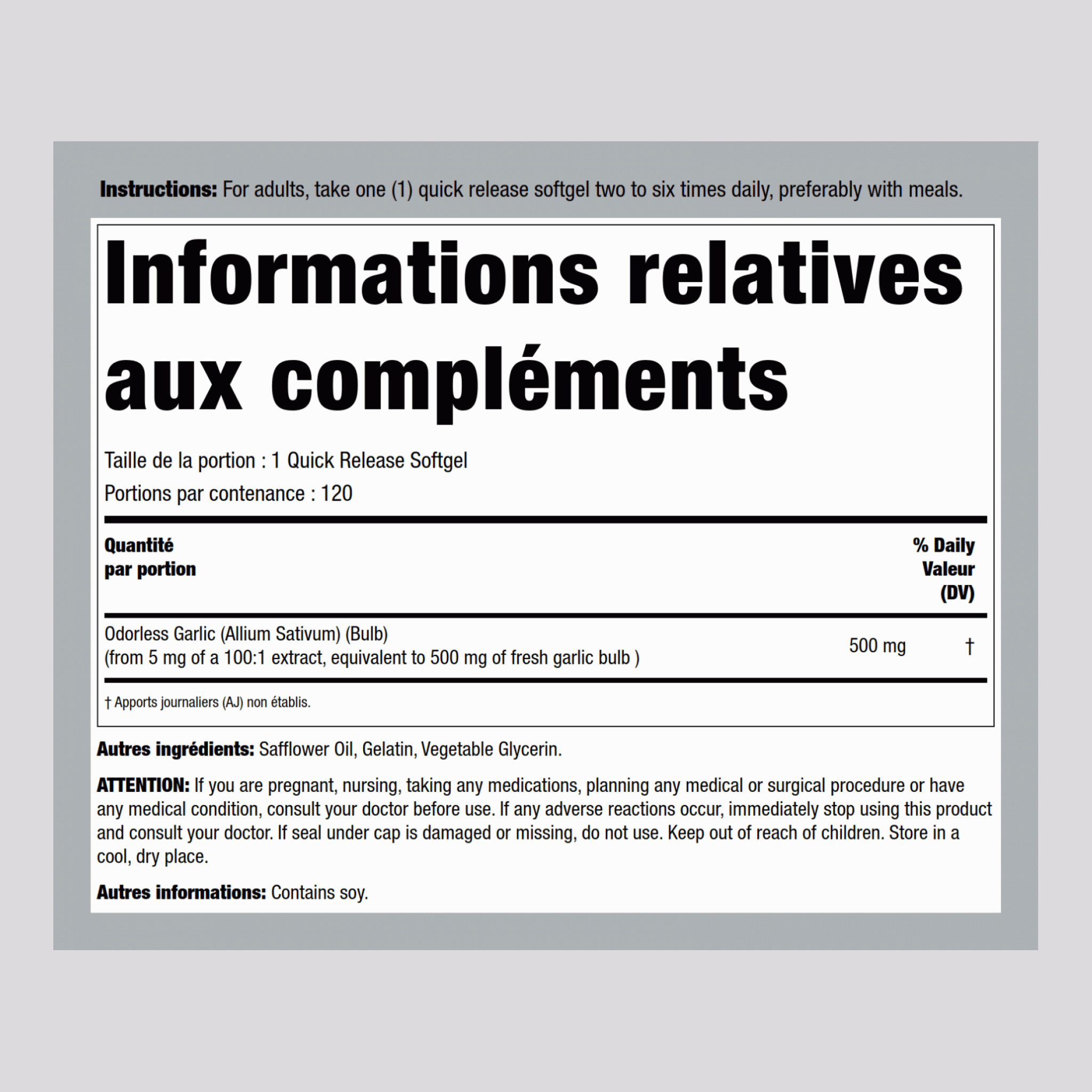 Ail inodore 500 mg 120 Capsules molles à libération rapide     