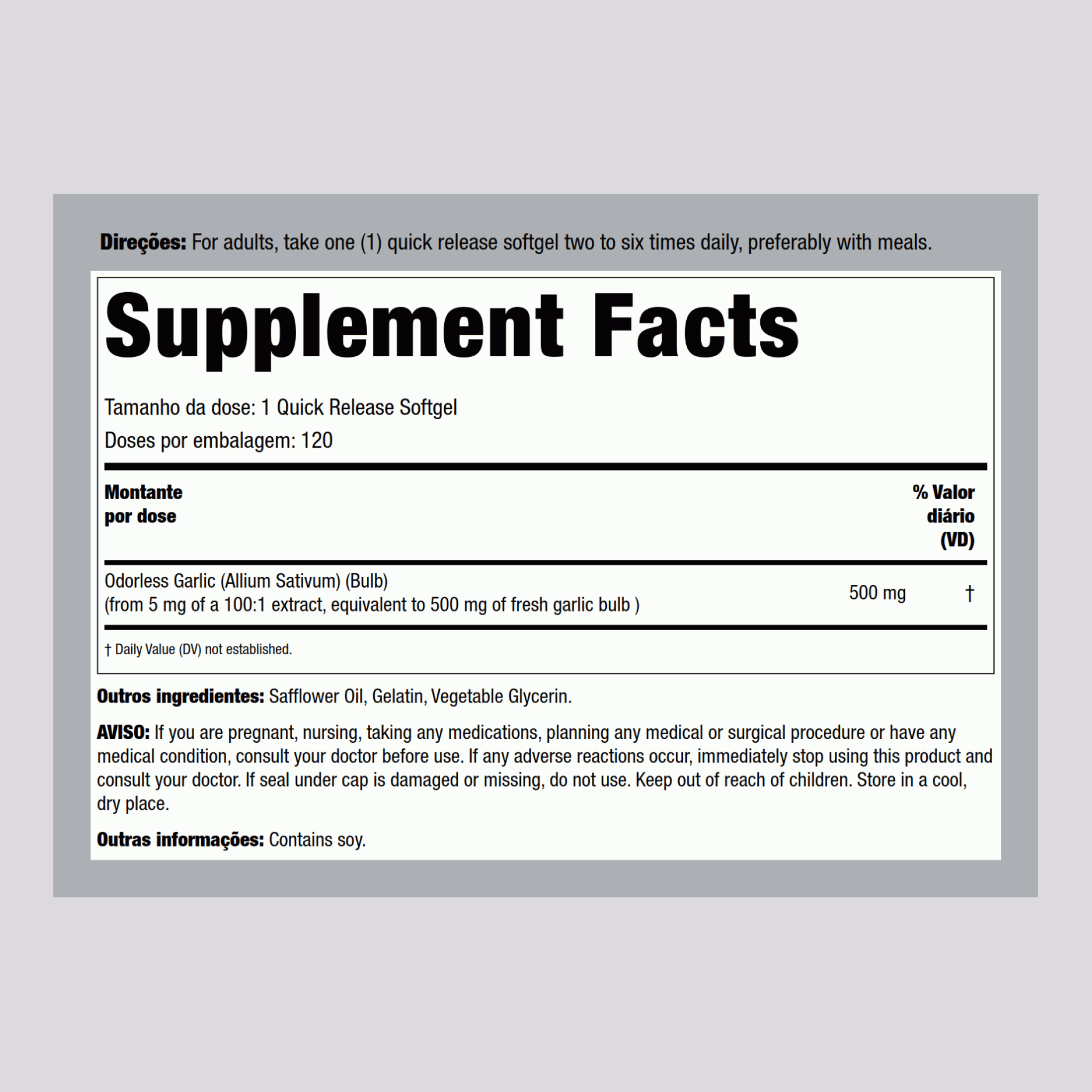 Alho inodoro  500 mg 120 Gels de Rápida Absorção     