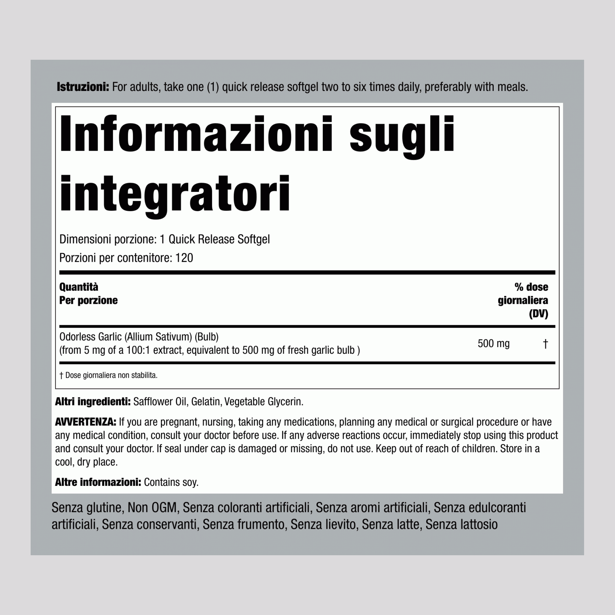 Aglio inodore ,  500 mg 120 Capsule in gelatina molle a rilascio rapido 2 Bottiglie