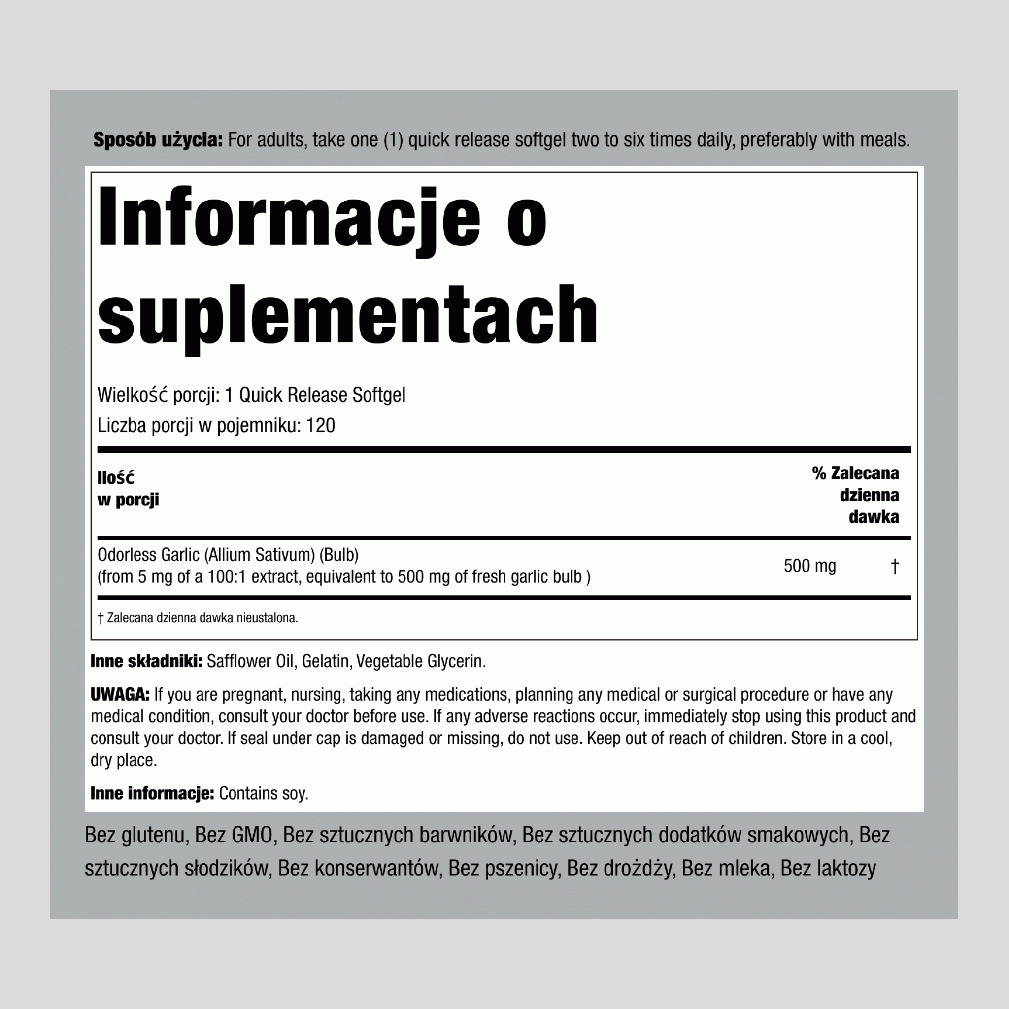 Bezzapachowy czosnek ,  500 mg 120 Miękkie kapsułki żelowe o szybkim uwalnianiu 2 Butelki