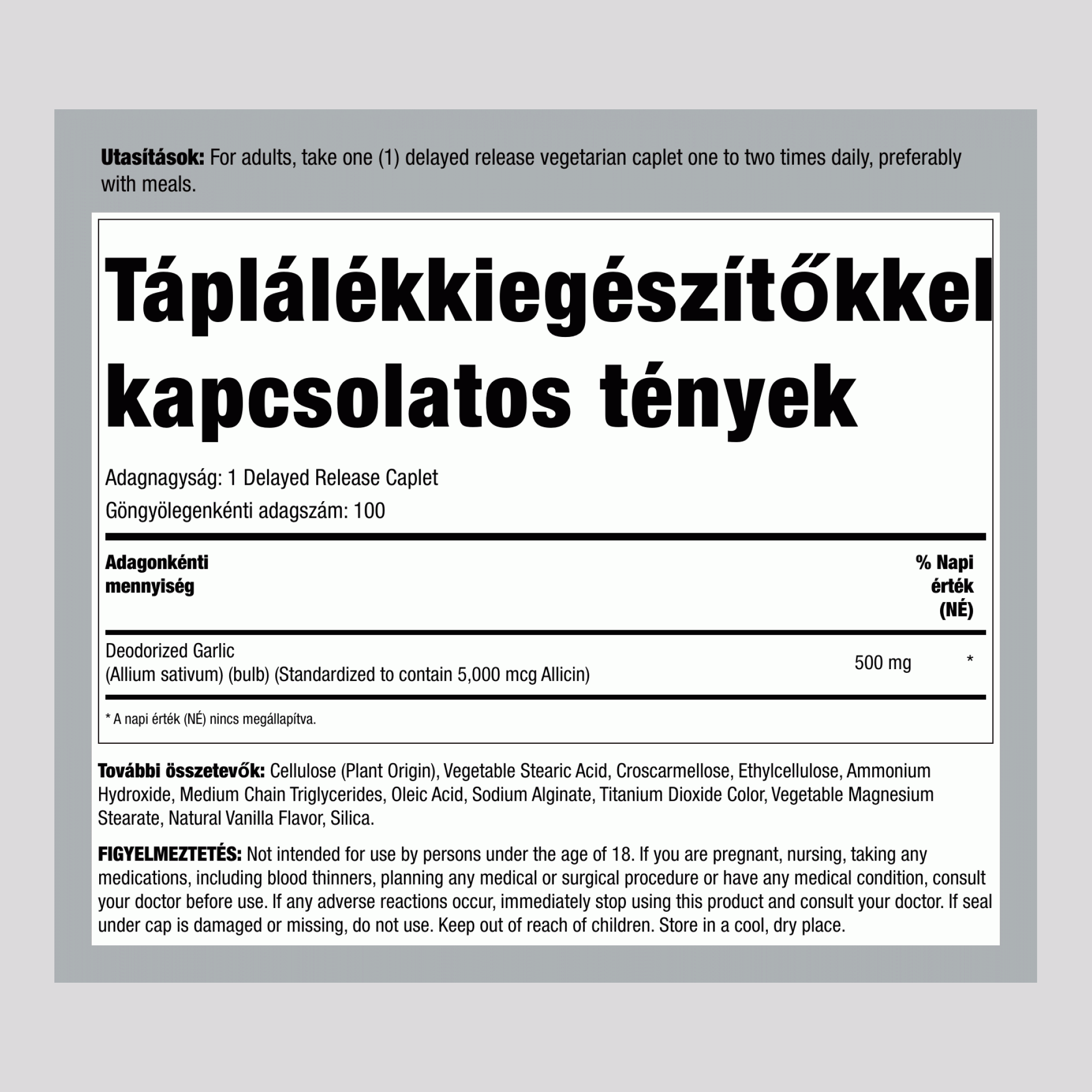 Fokhagyma magas allicin tartalommal  100 Késleltetett hatóanyag-leadású kapszulák      