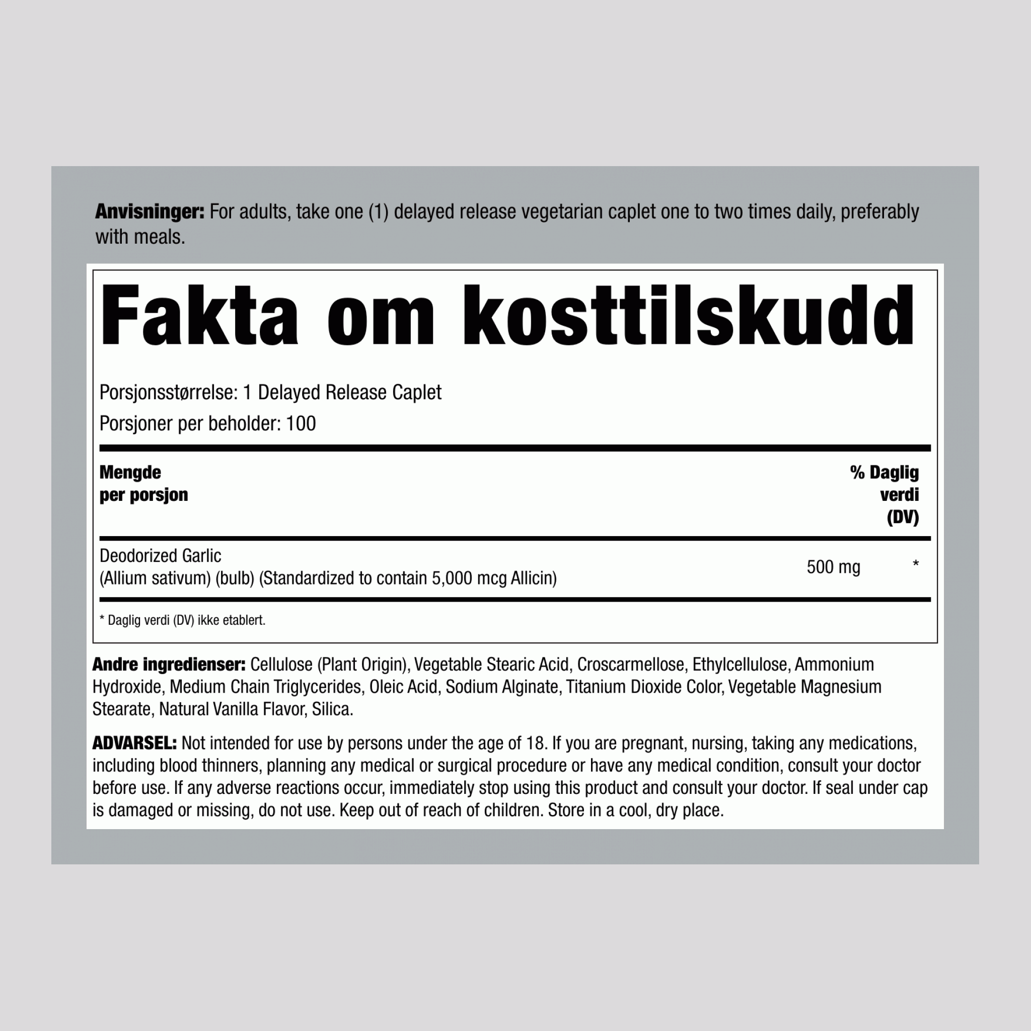 Hvitløk høy allicin  100 Kapsel med forsinket frigjøring      