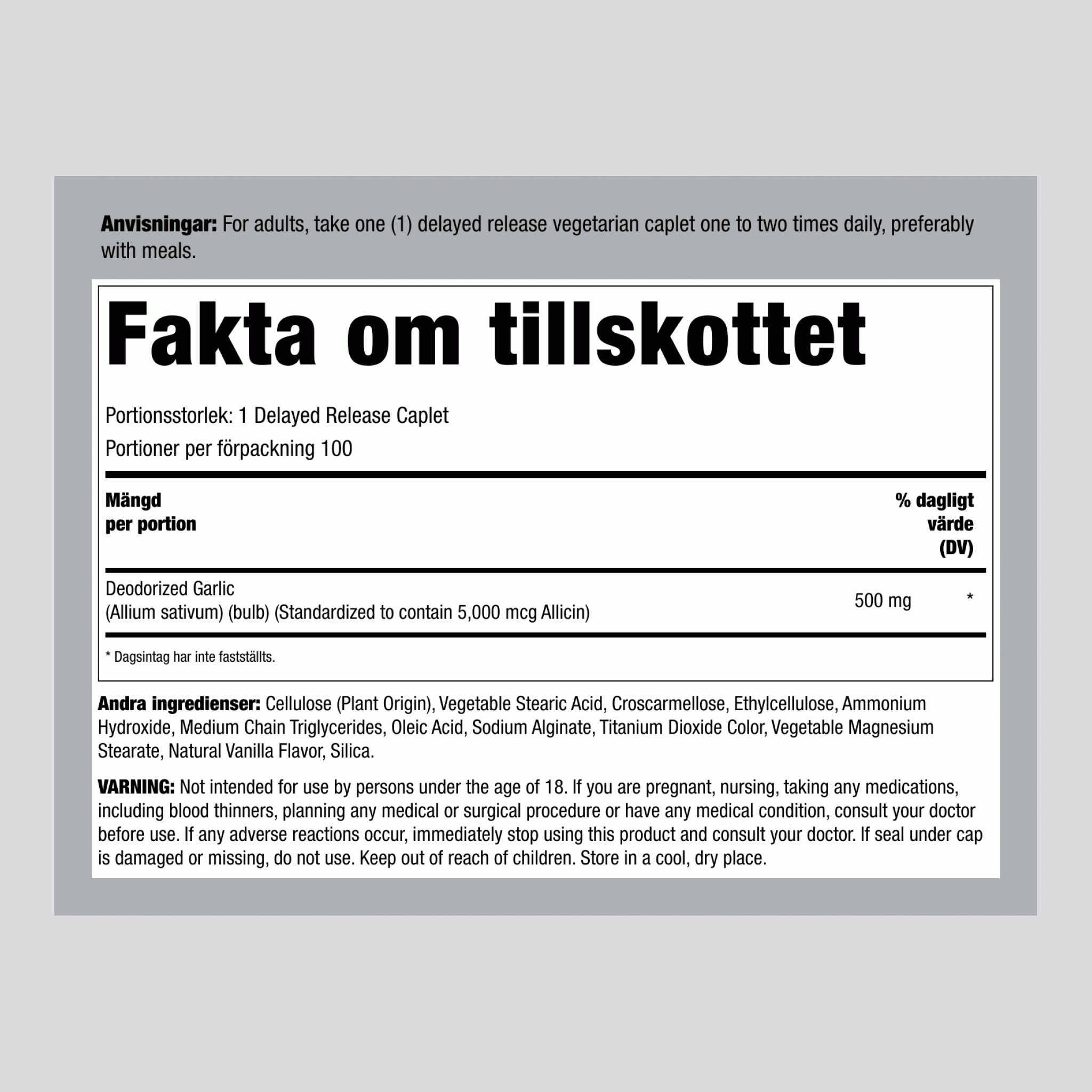 Kraftigt allicin från vitlök  100 Kapsel med fördröjd frisättning      