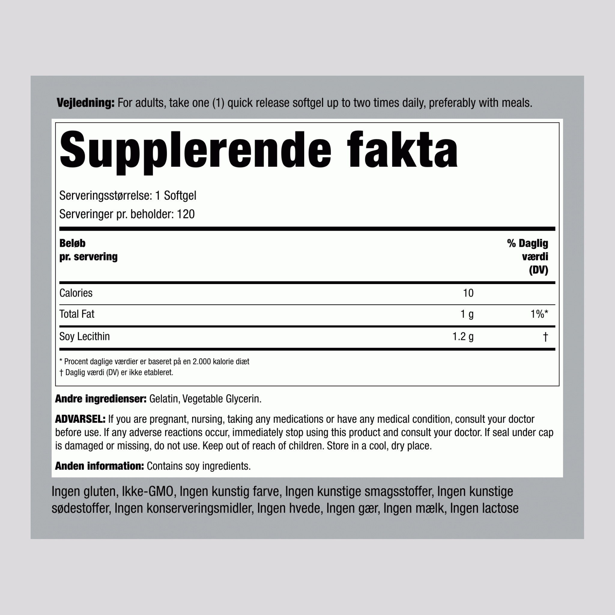Lecithin- IKKE-GENMODIFICERET 1200 mg 120 Softgel for hurtig frigivelse     