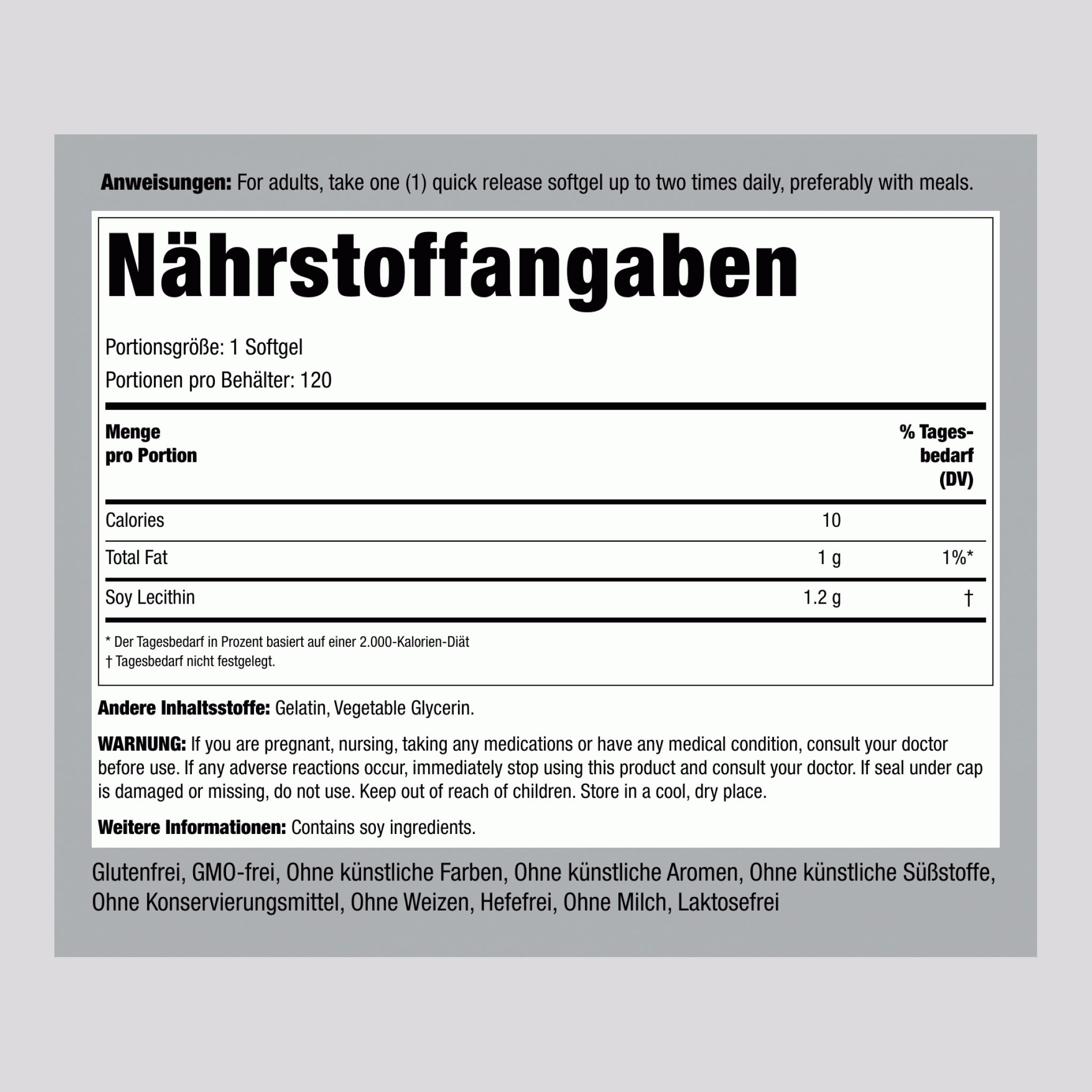 Lecithin ‒ Nicht-GVO 1200 mg 120 Softgele mit schneller Freisetzung     