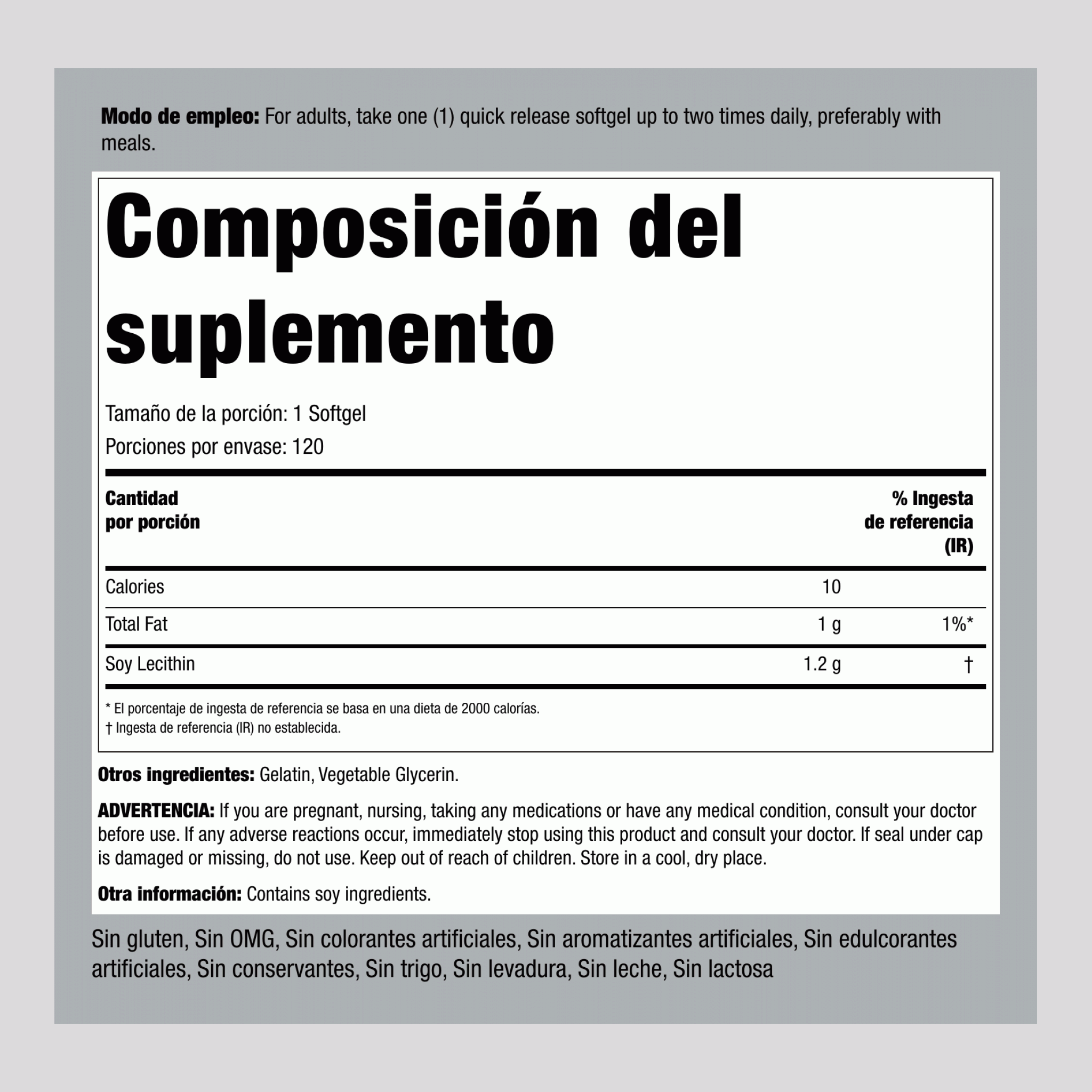 Lecitina- SIN OMG 1200 mg 120 Cápsulas blandas de liberación rápida     