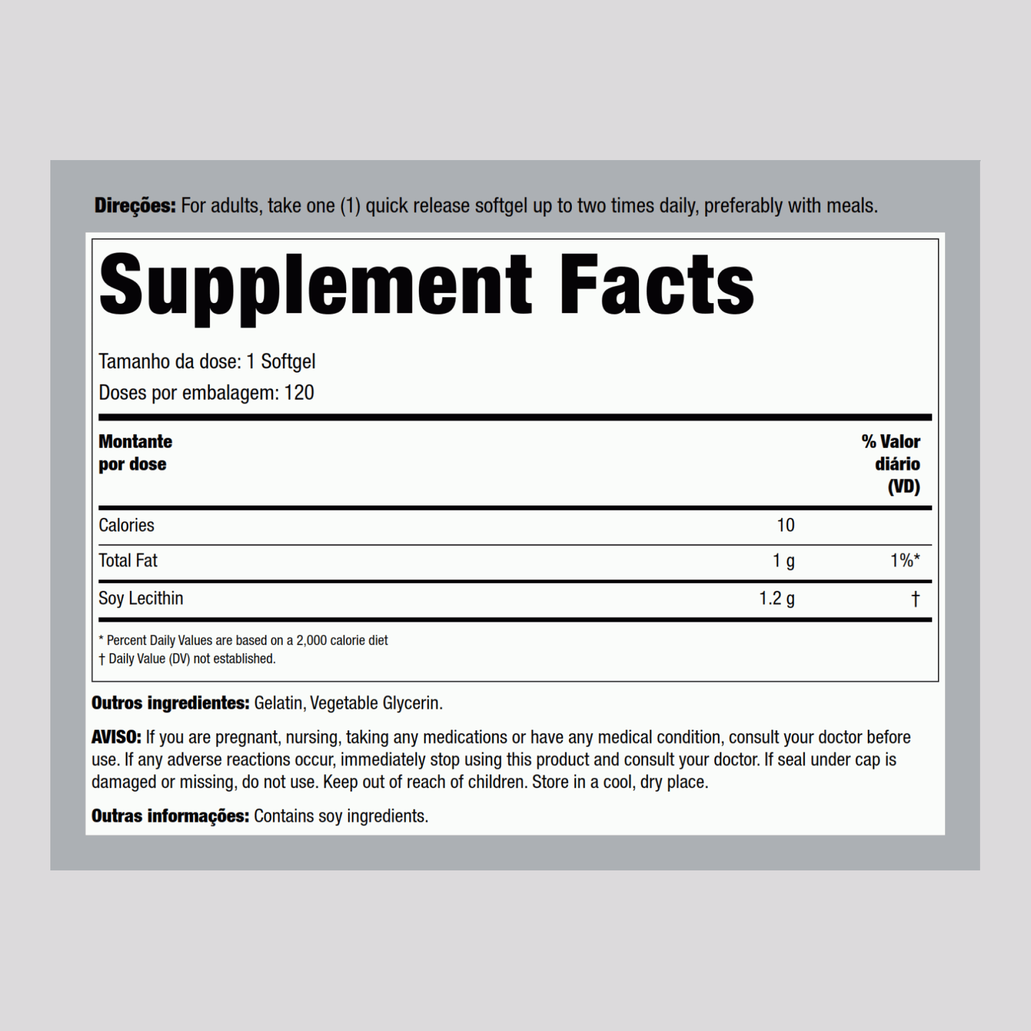 Lecitina- NÃO GMO 1200 mg 120 Gels de Rápida Absorção     