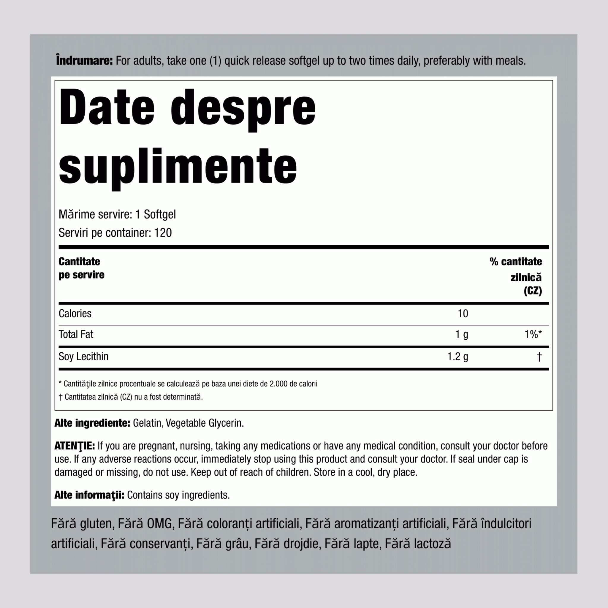 Lecitină– FĂRĂ OMG 1200 mg 120 Geluri cu eliberare rapidă 2 Sticle   