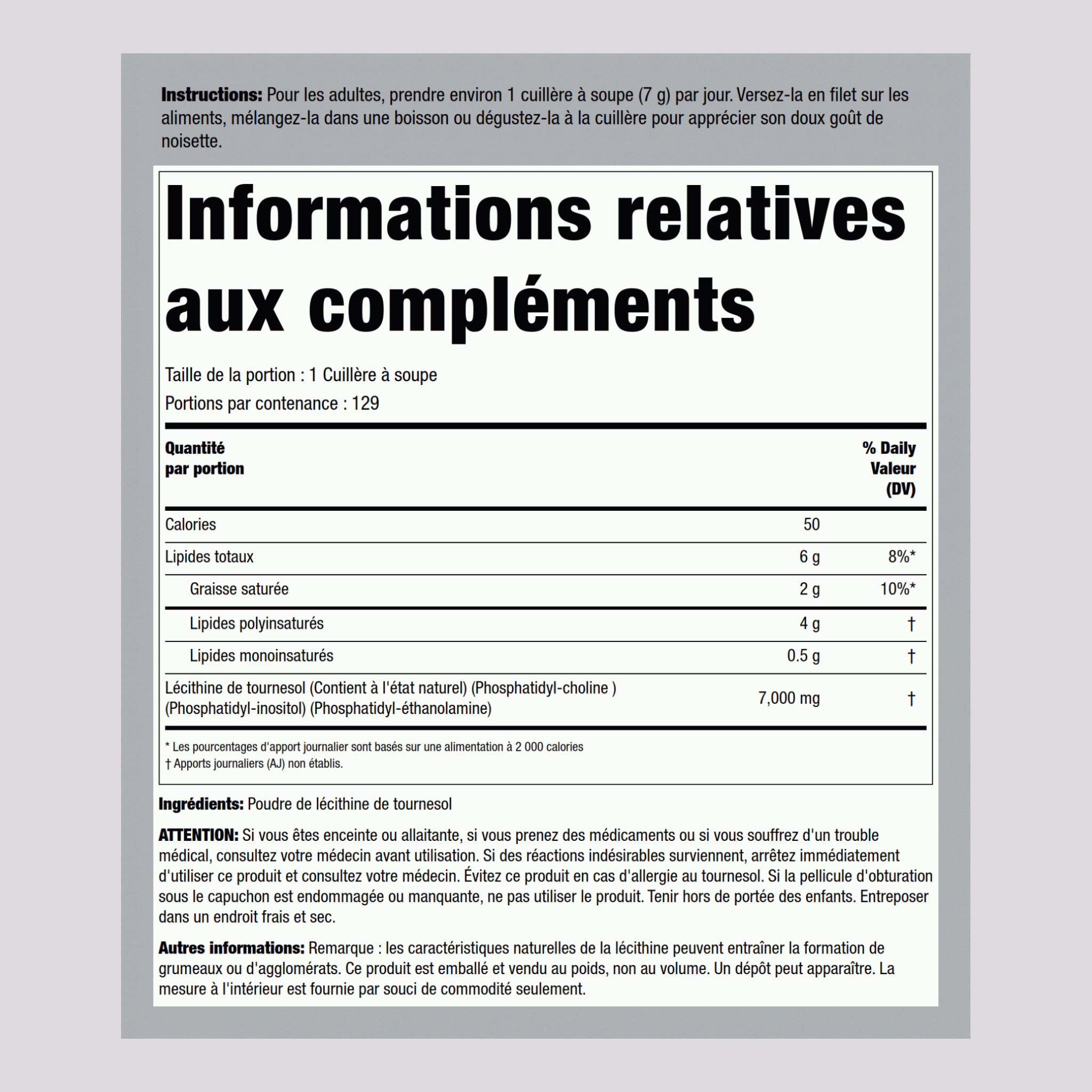 Lécithine de tournesol Granules (NON GMO) 2 lbs 907 g Bouteille    