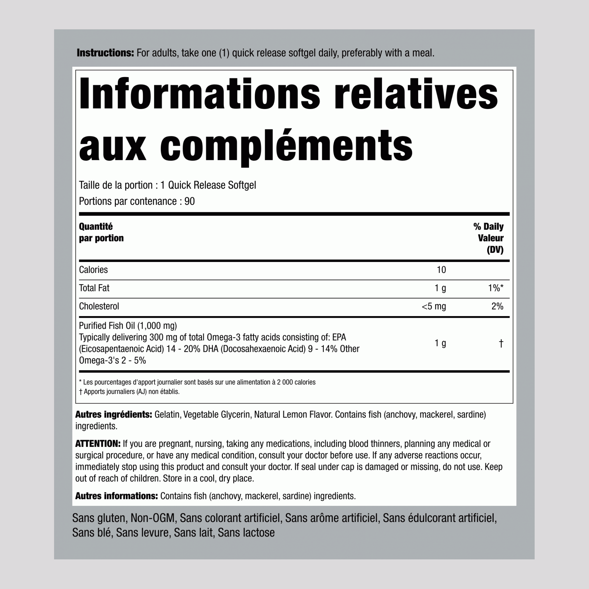 Huile de poisson riche en oméga-3 Concentration normale (arôme citron) 1000 mg 90 Capsules molles à libération rapide     