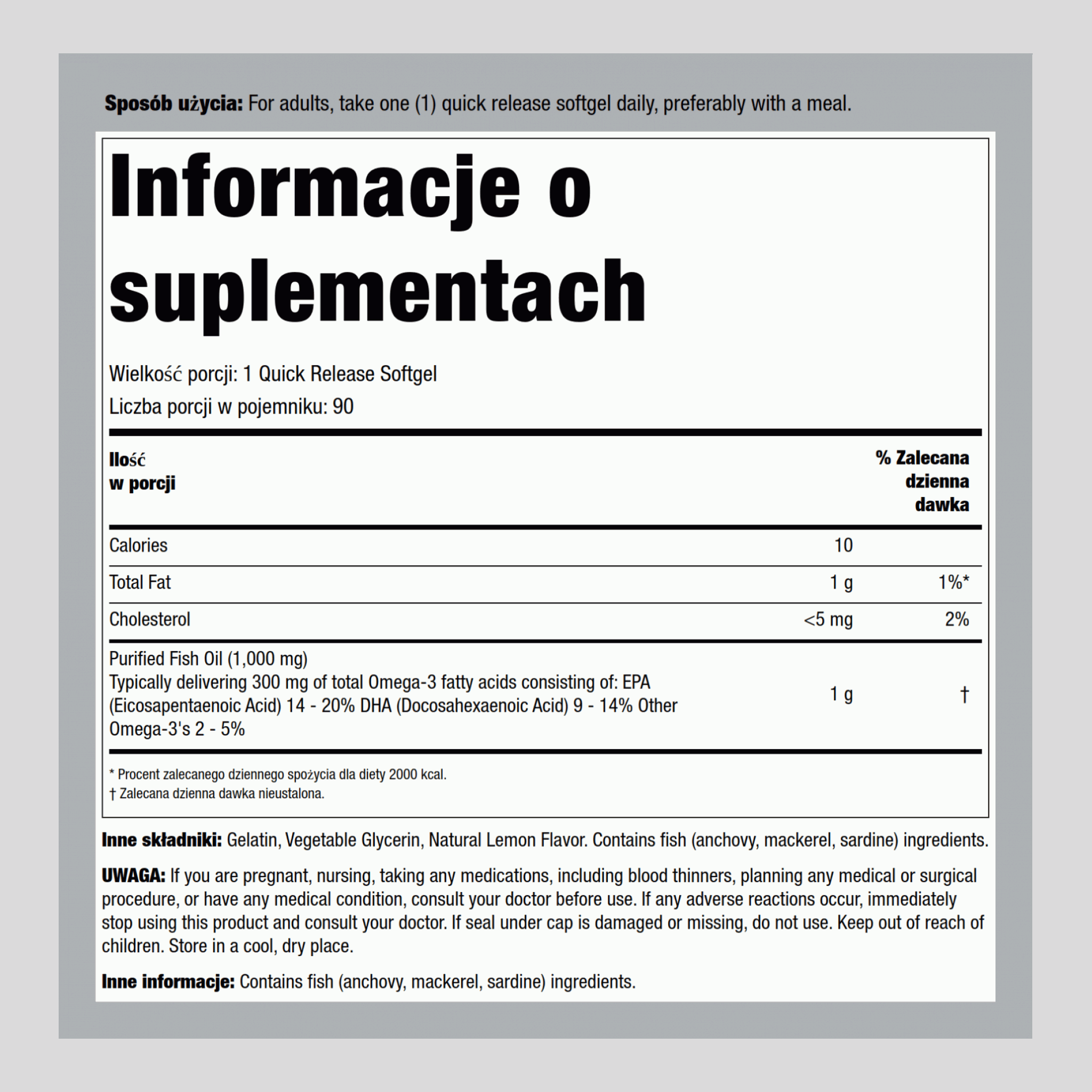 Olej rybi omega-3 o normalnej koncentracji (cytrynowy) 1000 mg 90 Miękkie kapsułki żelowe o szybkim uwalnianiu     