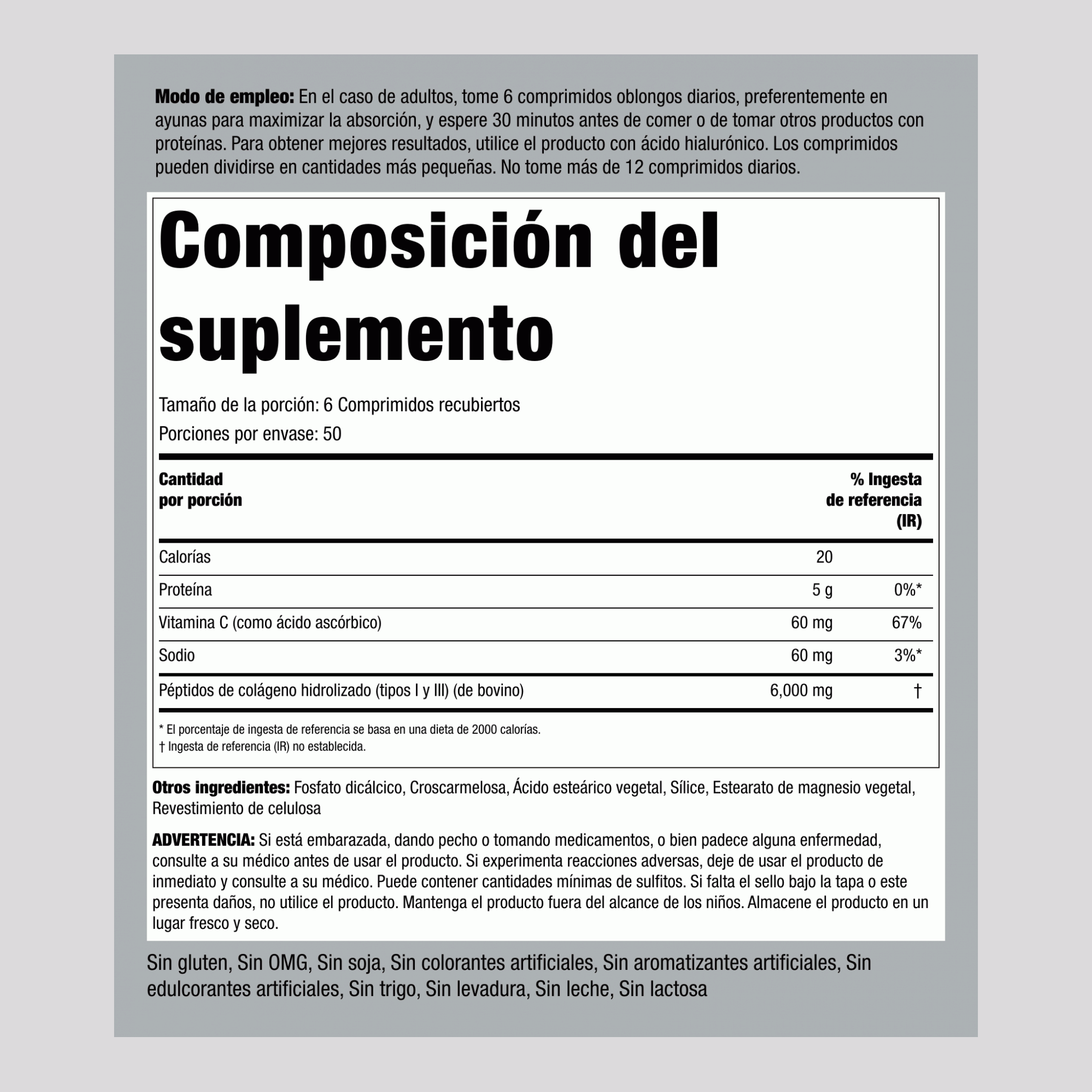 Colágeno hidrolizado tipo I y III 6000 mg (por porción) 300 Comprimidos recubiertos
