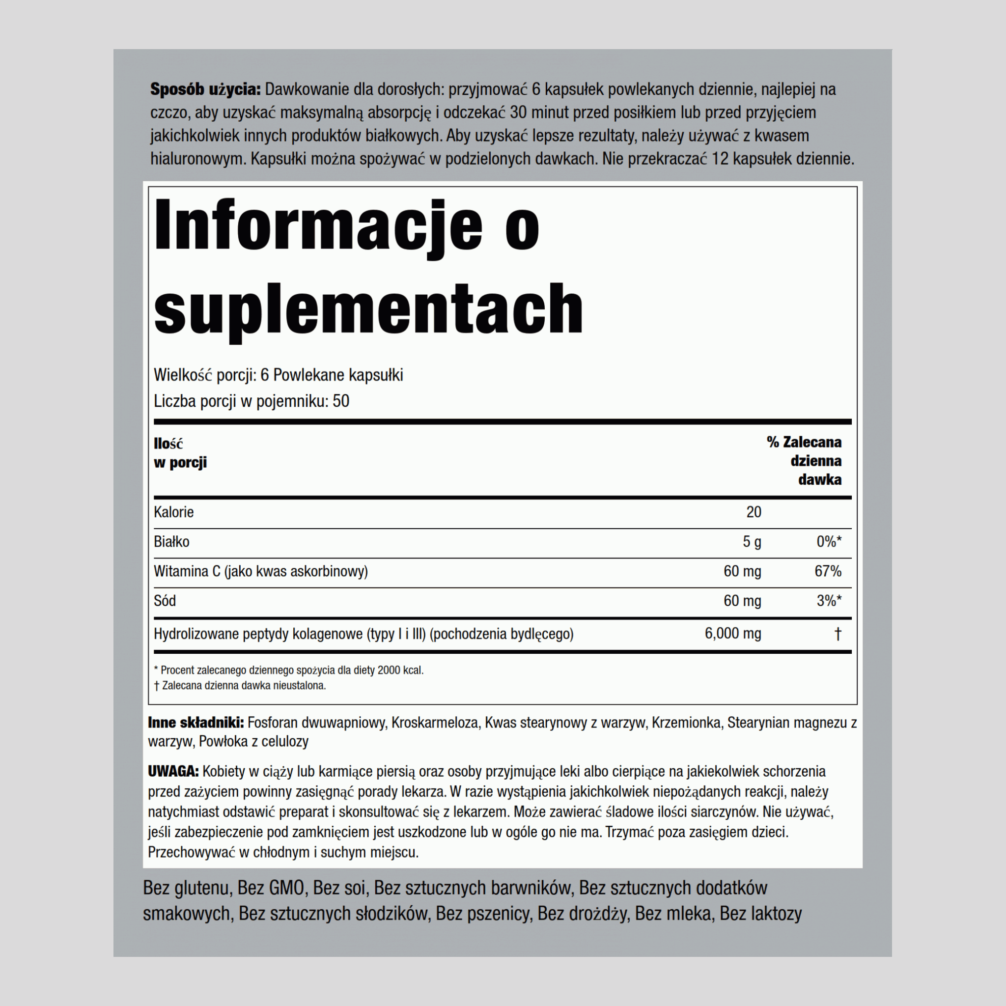 Hydrolyseret kollagen Type I & III 6000 mg (pr. dosering) 300 Overtrukne kapsler     