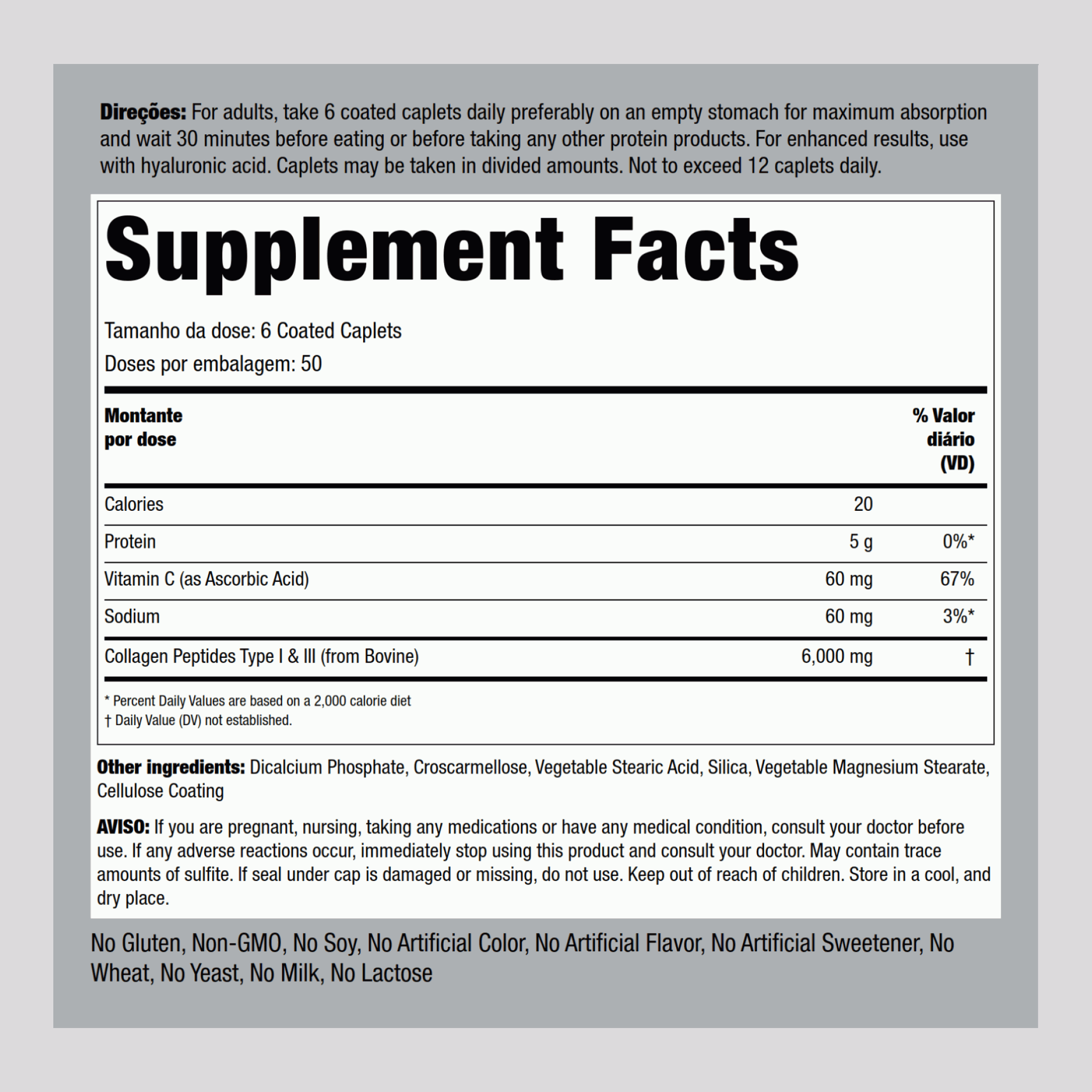 Colagénio hidrolisado tipo I e III 6000 mg (por dose) 300 Comprimidos oblongos revestidos     