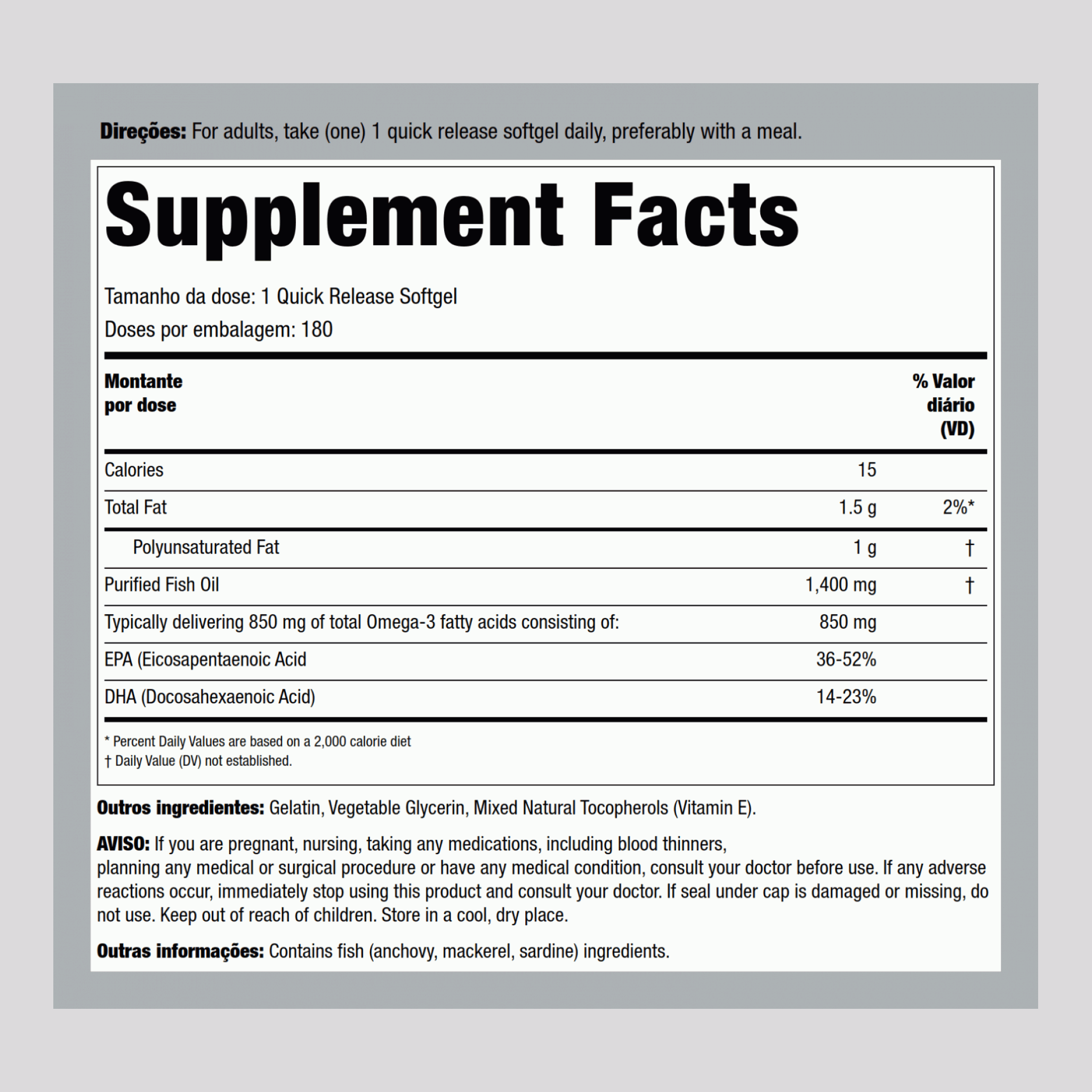 Óleo de peixe de força tripla (900 mg Ômega-3 ativo) 1400 mg 180 Gels de Rápida Absorção     