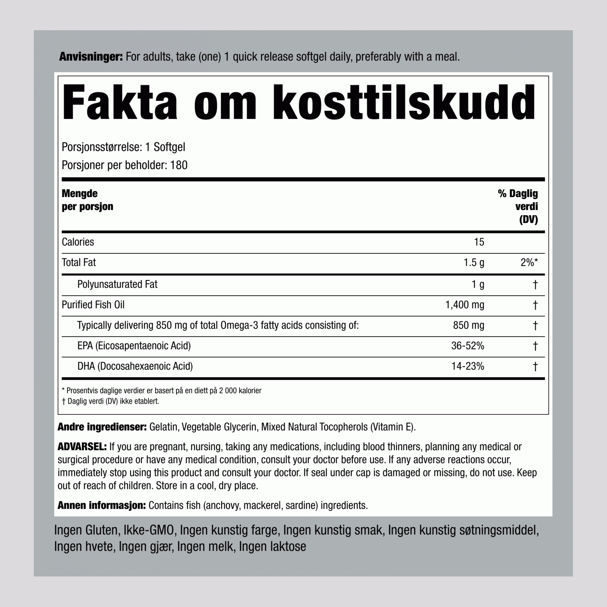 Fiskeolje trippel styrke (900 mg aktiv Omega-3) 1400 mg 180 Hurtigvirkende myke geleer 2 Flasker   