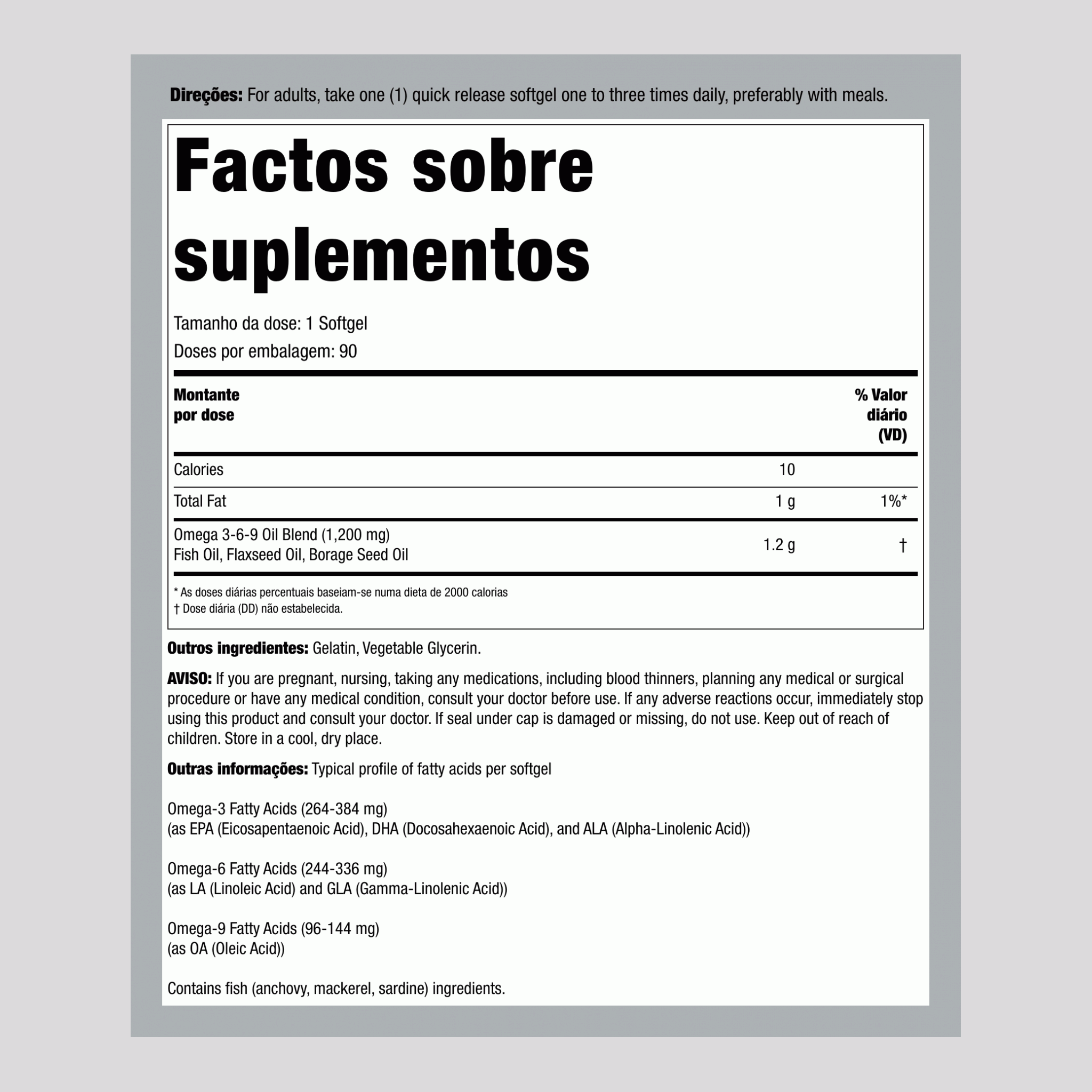 Ómega 3-6-9 Peixe, linhaça e borragem 1200 mg 90 Cápsulas gelatinosas     