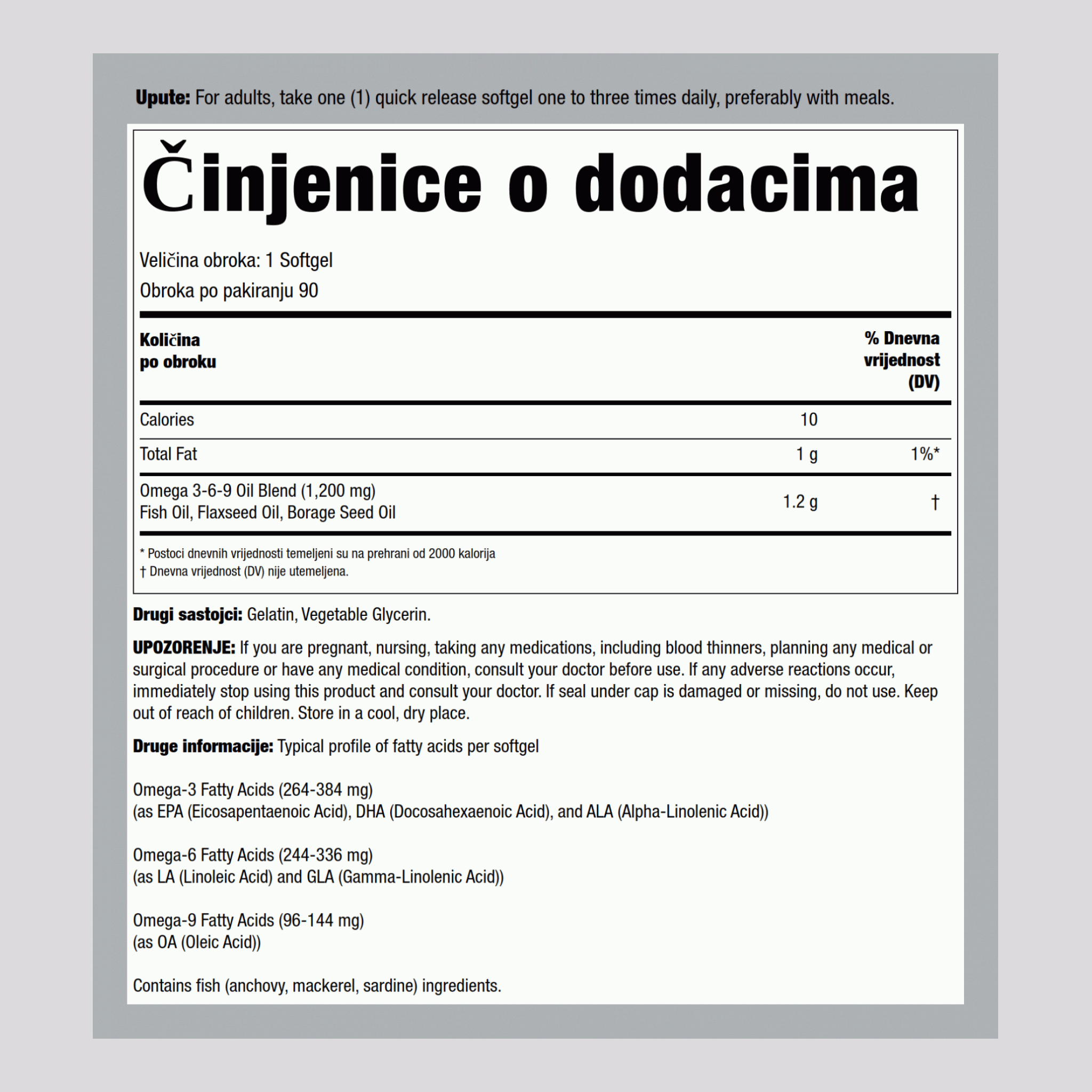 Omega 3-6-9 riba, lan i boražina 1200 mg 90 Mekane kapsule     