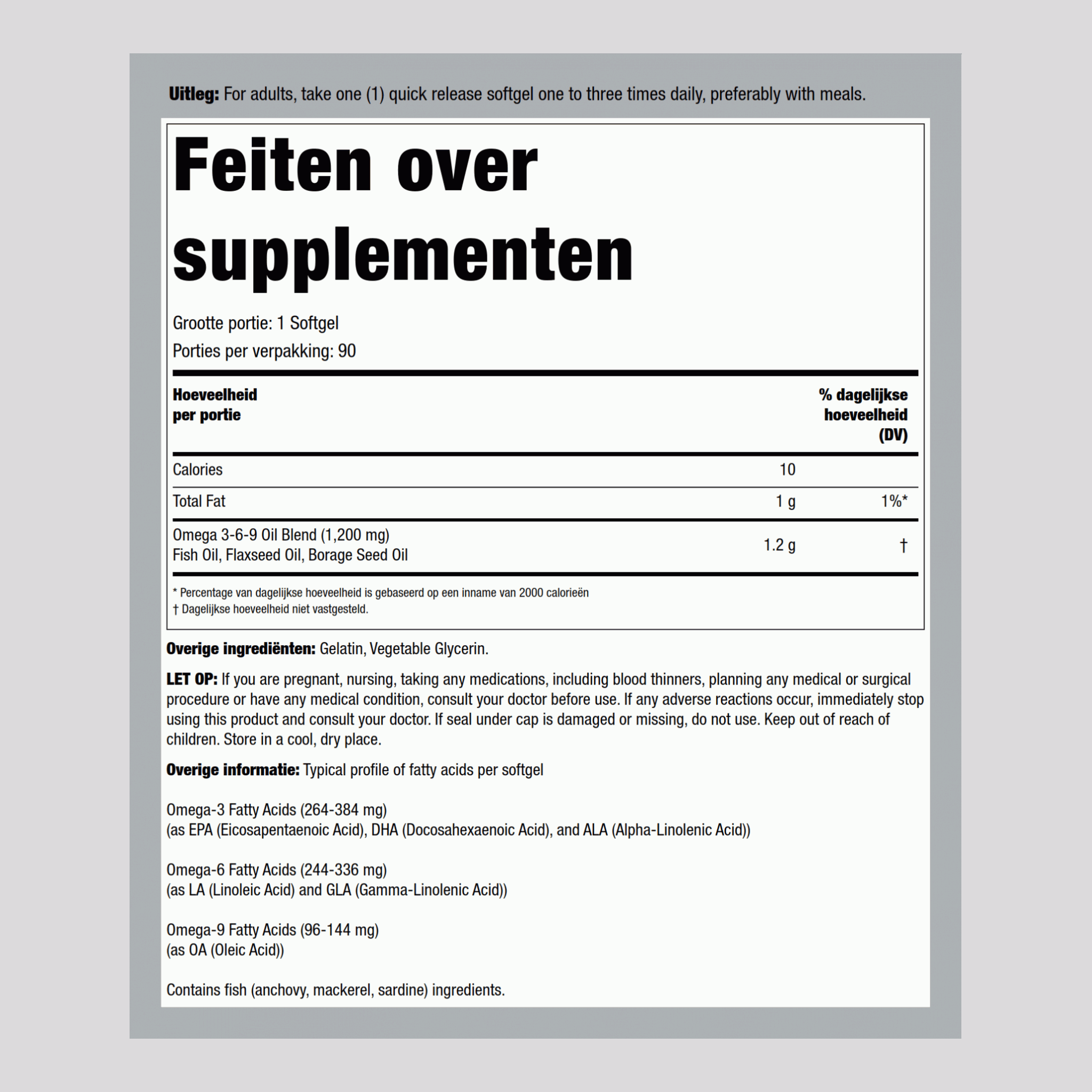 Omega 3-6-9 vis, vlas en bernagie 1200 mg 90 Softgels     