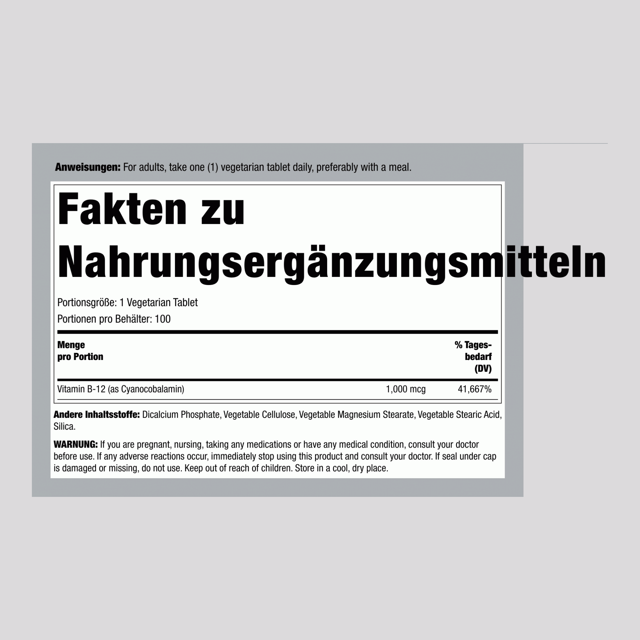 Vitamin B-12 mit zeitverzögerter Freisetzung 1000 µg 100 Vegetarische Tabletten     