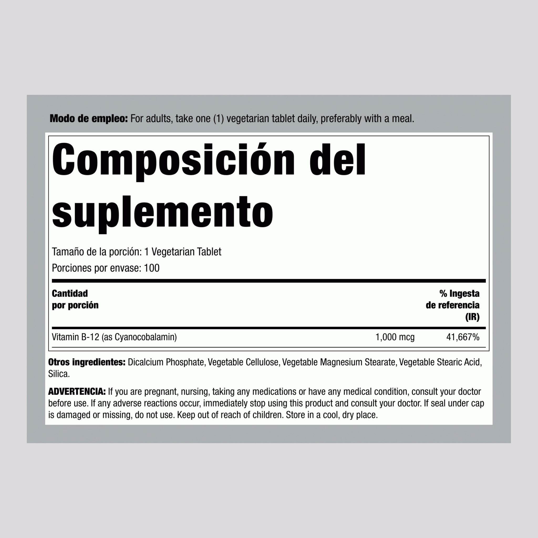 Vitamina B-12 de acción prolongada  1000 mcg 100 Tabletas vegetarianas     