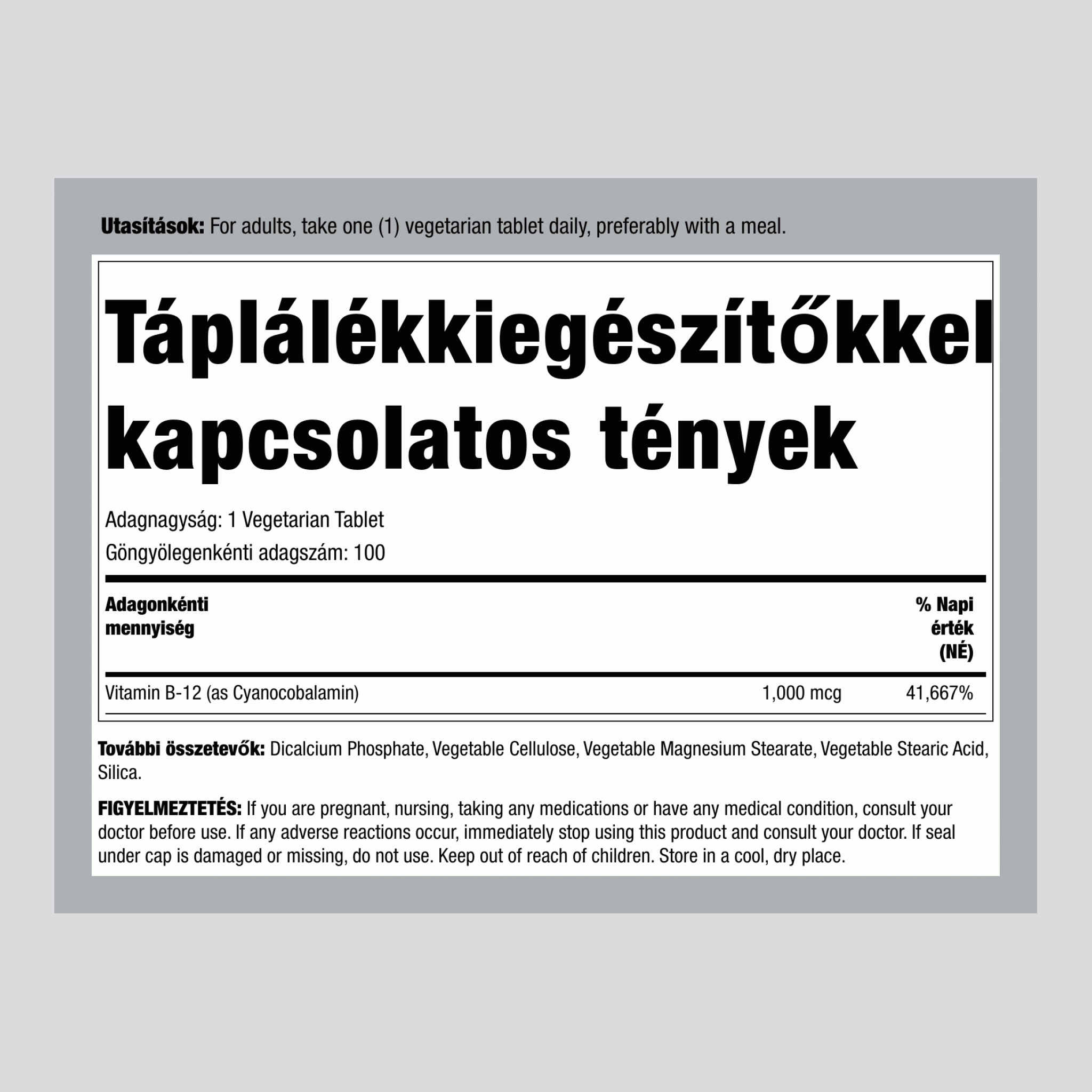 B-12 vitamin folyamatosan felszívódó 1000 mcg 100 Vegetáriánus tabletták     