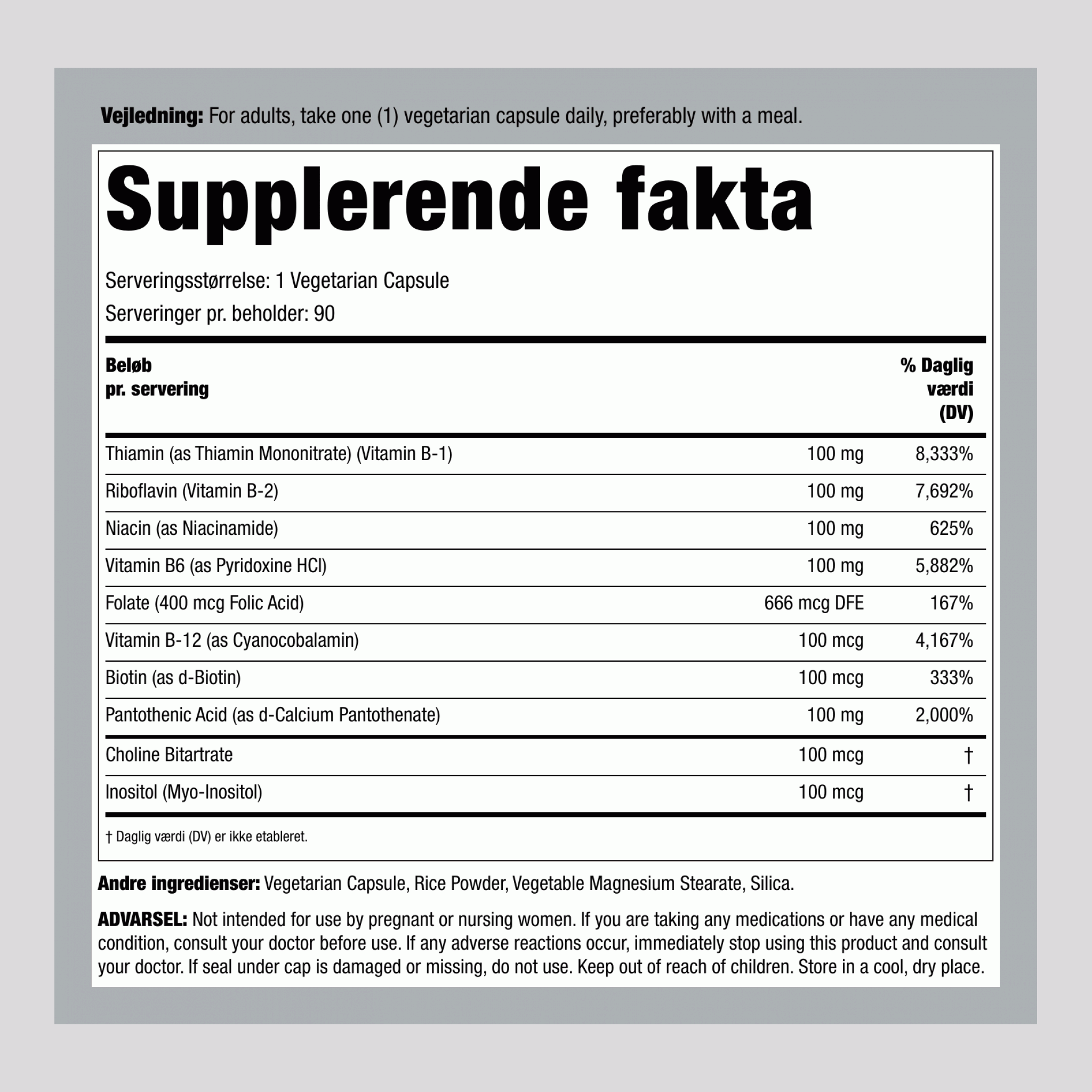 B-Kompleks, 100 mg, 90 Vegetariske Kapsler