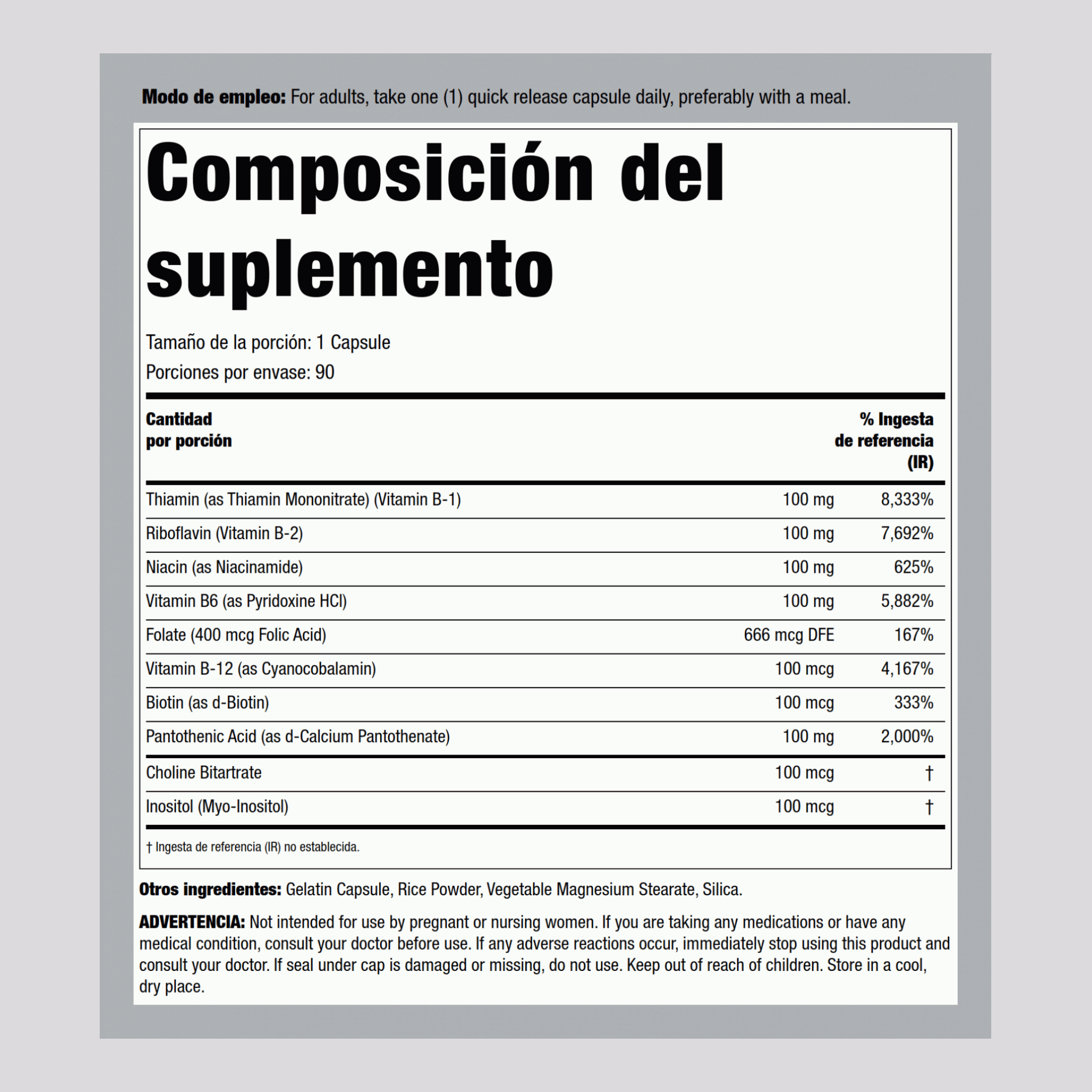 B-Complejo 100 mg 100 mg 90 Cápsulas de liberación rápida     