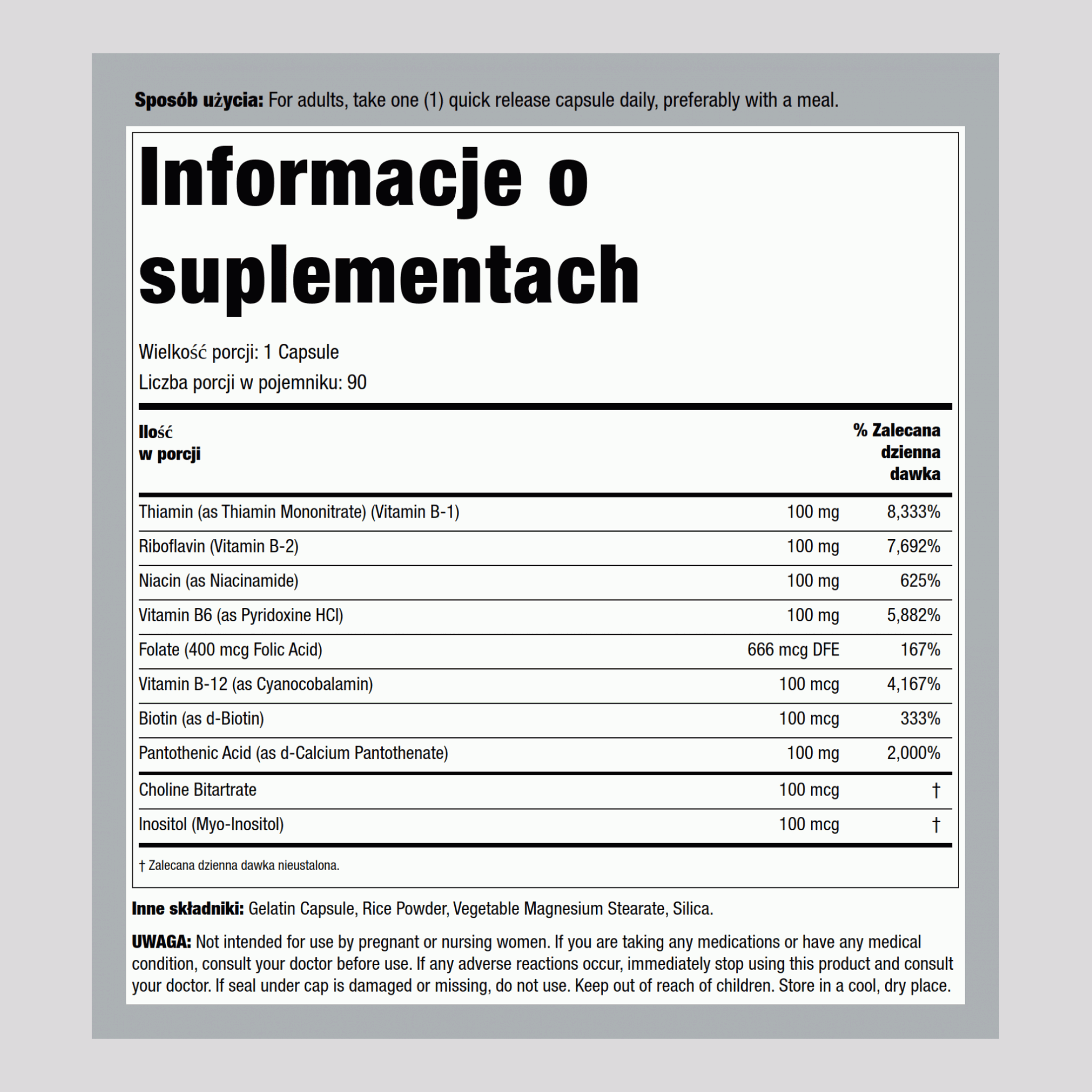 B-Kompleks 100 mg 100 mg 90 Kapsułki o szybkim uwalnianiu     