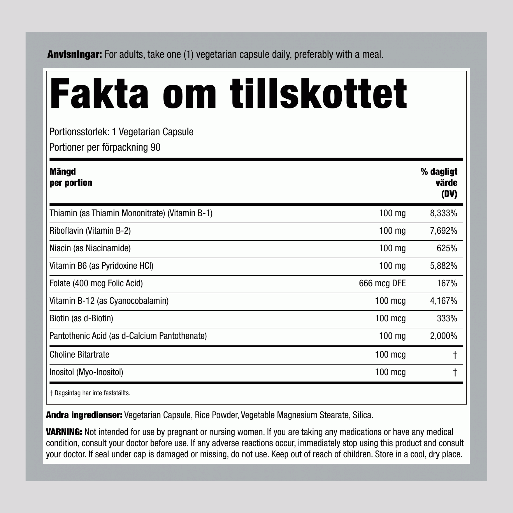 B-Komplex, 100 mg, 90 Vegetariska Kapslar, 2 Flaskor