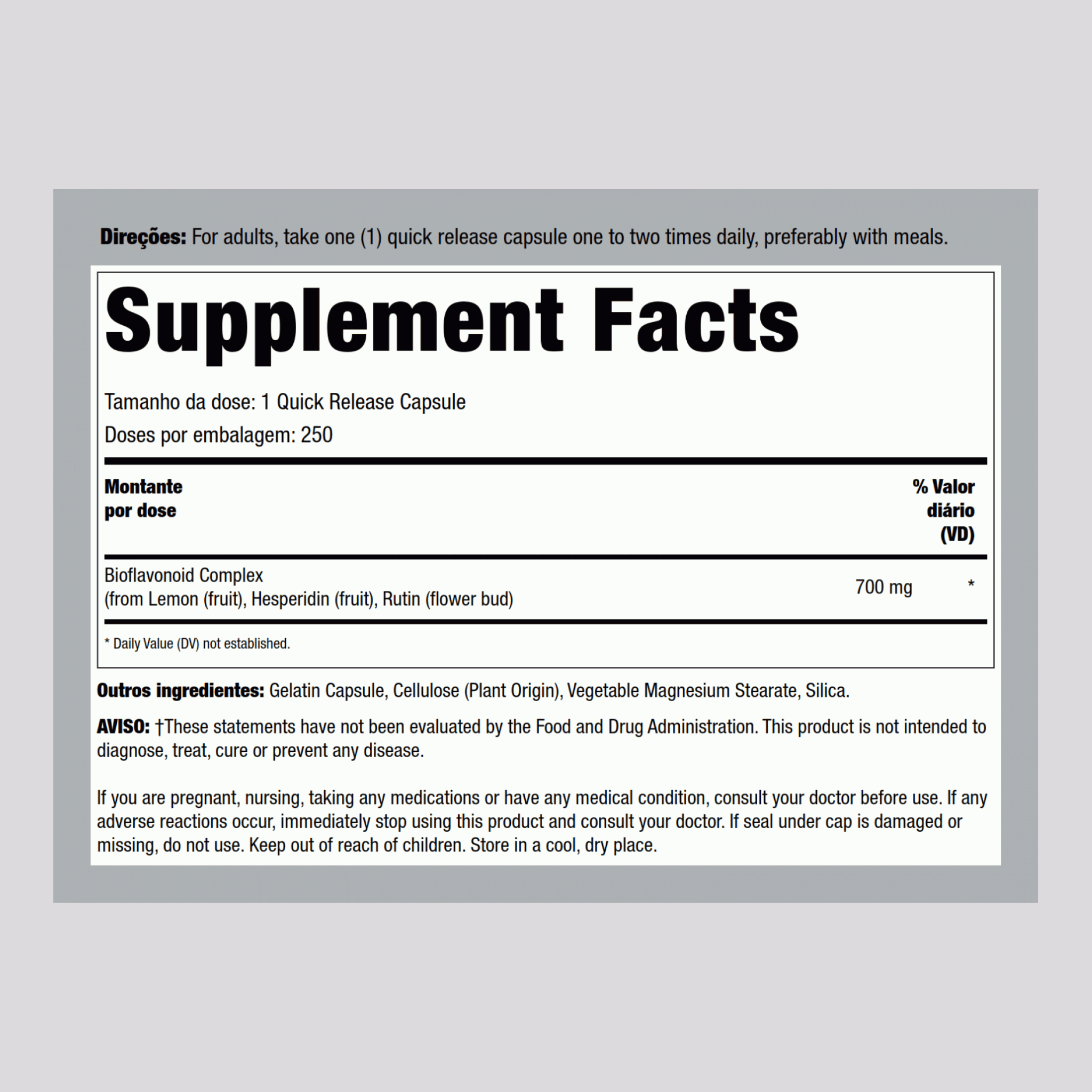 Bioflavonoides de limão 700 mg 250 Cápsulas de Rápida Absorção     