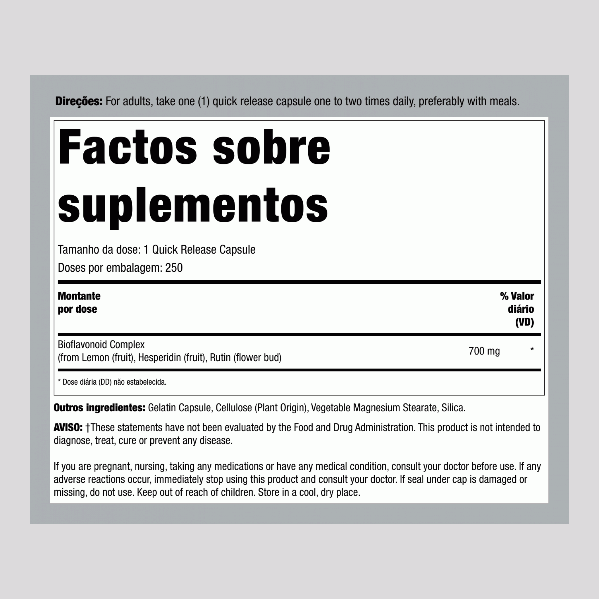 Bioflavonoides de limão 700 mg 250 Cápsulas de Rápida Absorção 2 Frascos   