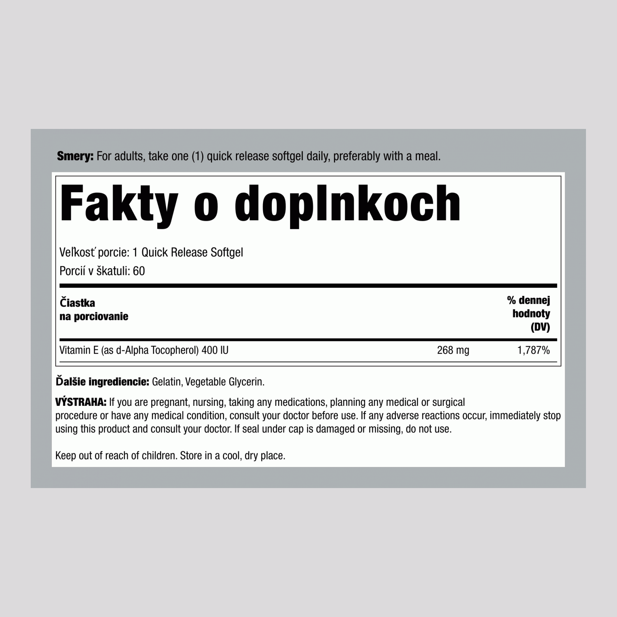 Vitamín E-400 IU (d-alfa tokoferol) 60 Mäkké gély s rýchlym uvoľňovaním       