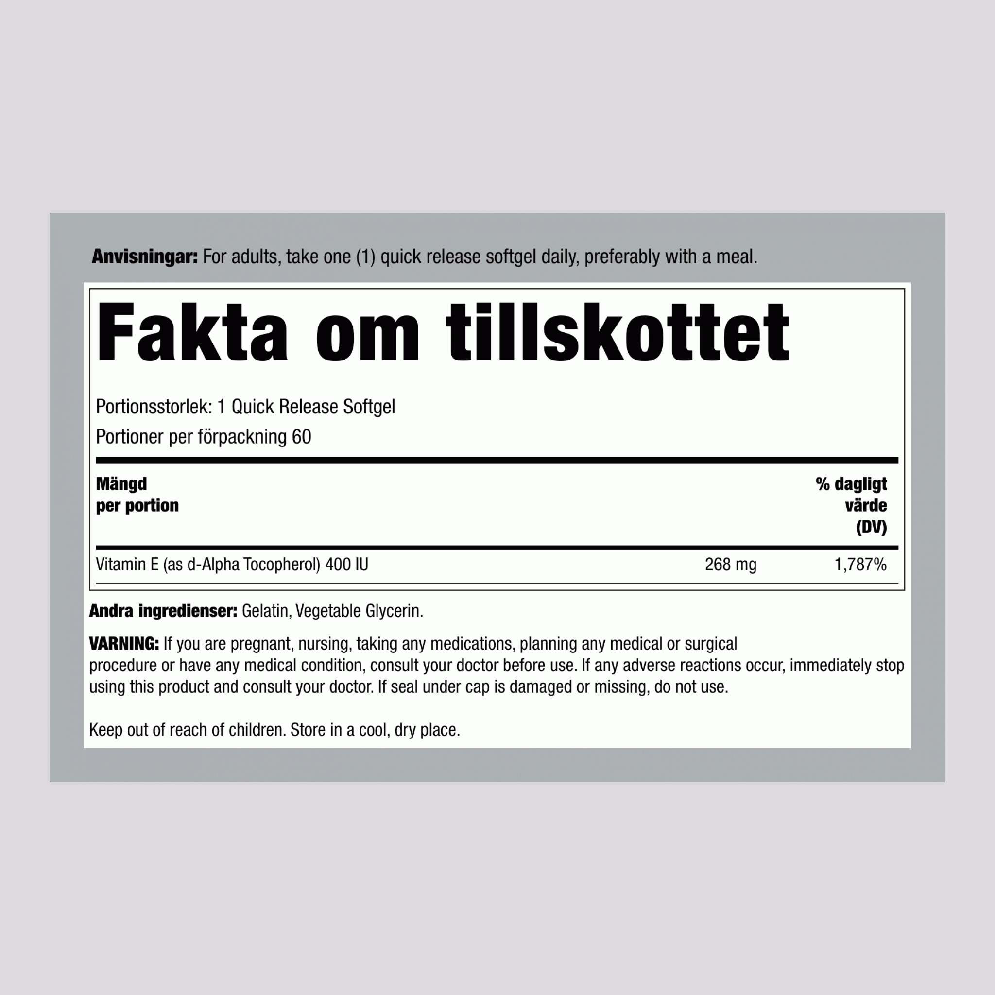 Vitamin E-400 IU (d-alfa-tokoferol) 60 Snabbverkande gelékapslar       