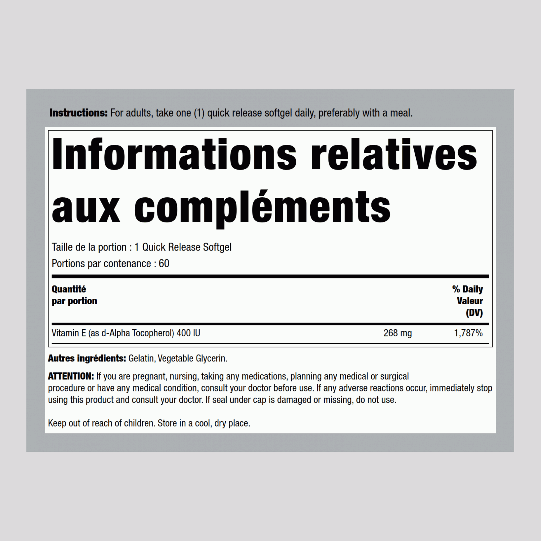 Vitamine E-400 IU (d-alpha-tocophérol) 60 Capsules molles à libération rapide       