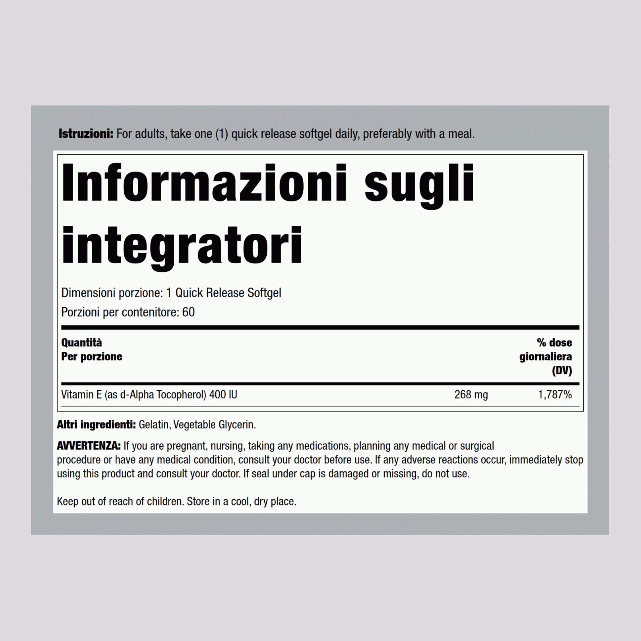 Vitamina E-400 IU (d-alfa tocoferolo) 60 Capsule in gelatina molle a rilascio rapido       