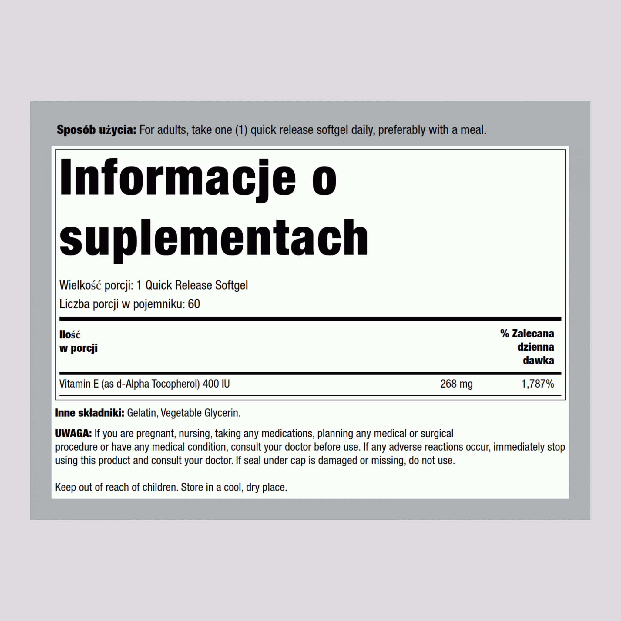 Witamina E-400 IU (d-alfa-tokoferol) 60 Miękkie kapsułki żelowe o szybkim uwalnianiu       