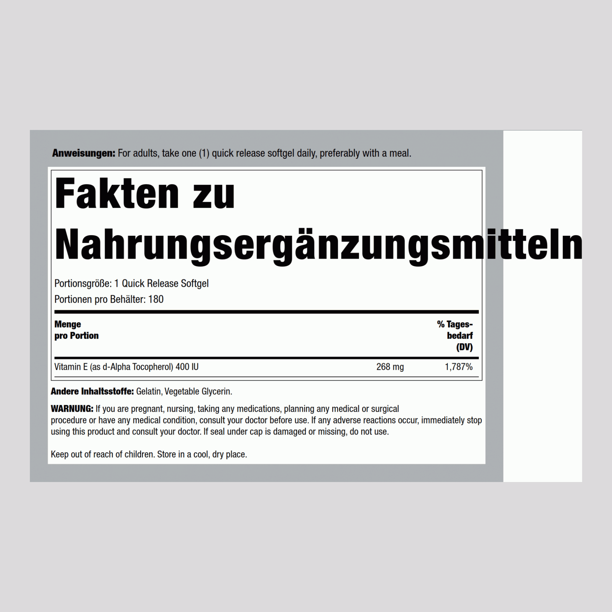 Vitamin E-400 IU (D-Alpha-Tocopherol) 180 Softgele mit schneller Freisetzung       