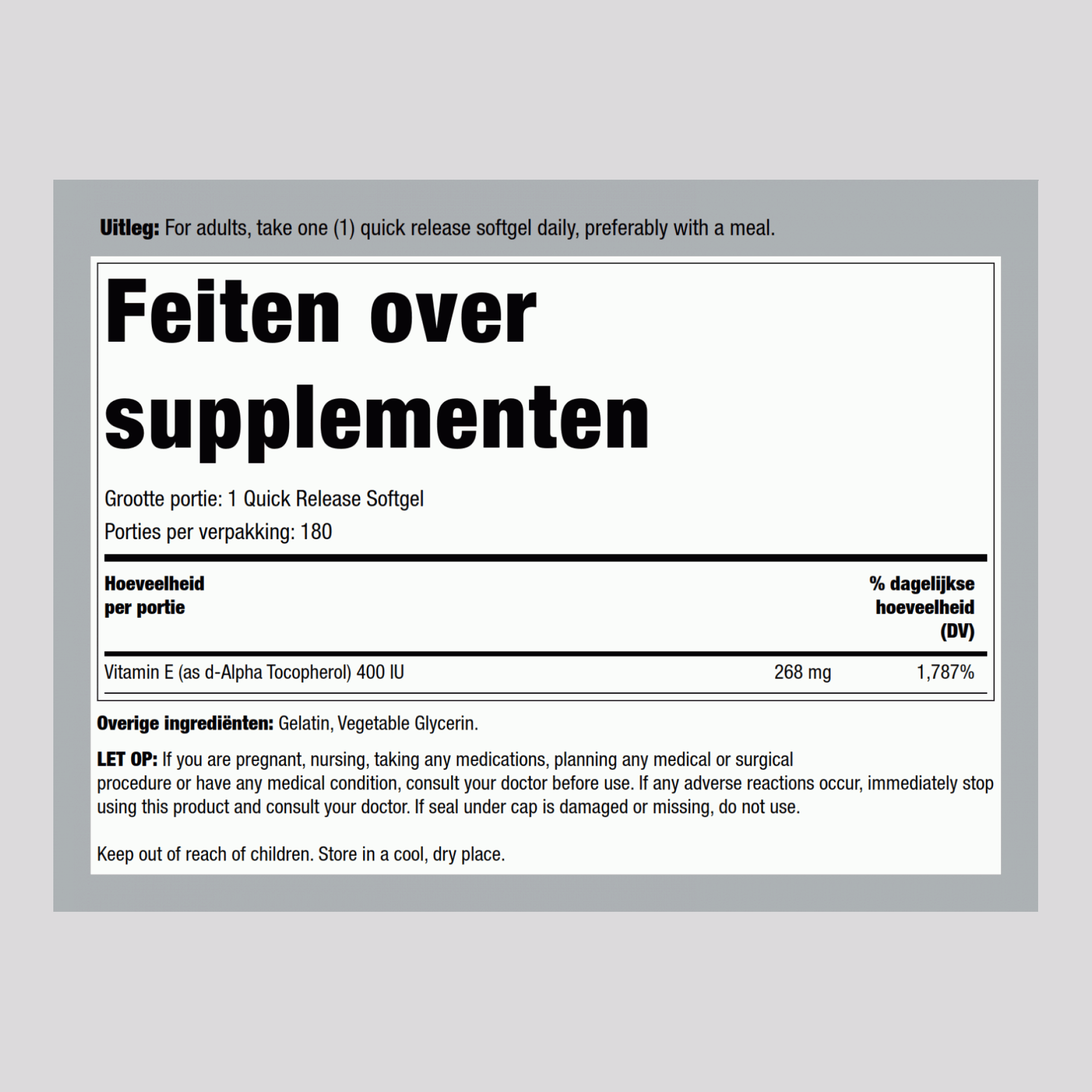 Vitamine E-400 IU (d-alpha-tocoferol) 180 Snel afgevende softgels       