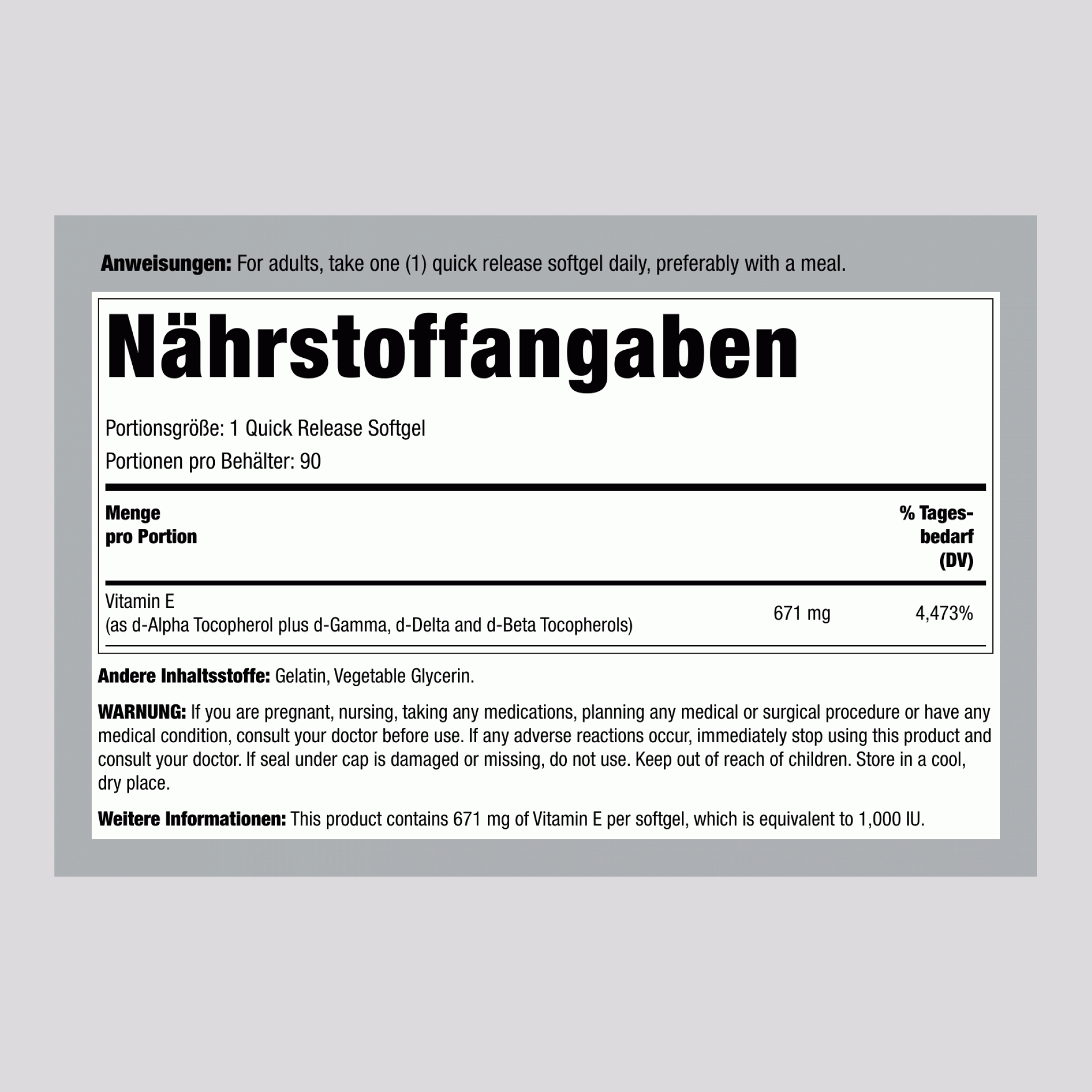 Vitamin E plus Tocopherol 1000 IU 90 Weichkapseln     