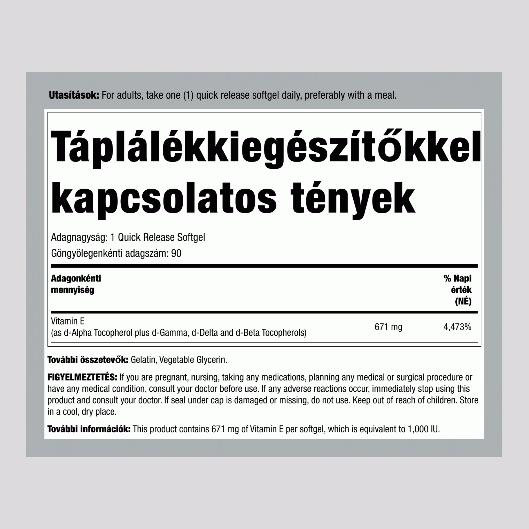 E vitamin plusz tokoferolok keveréke 1000 IU 90 Puha gél     