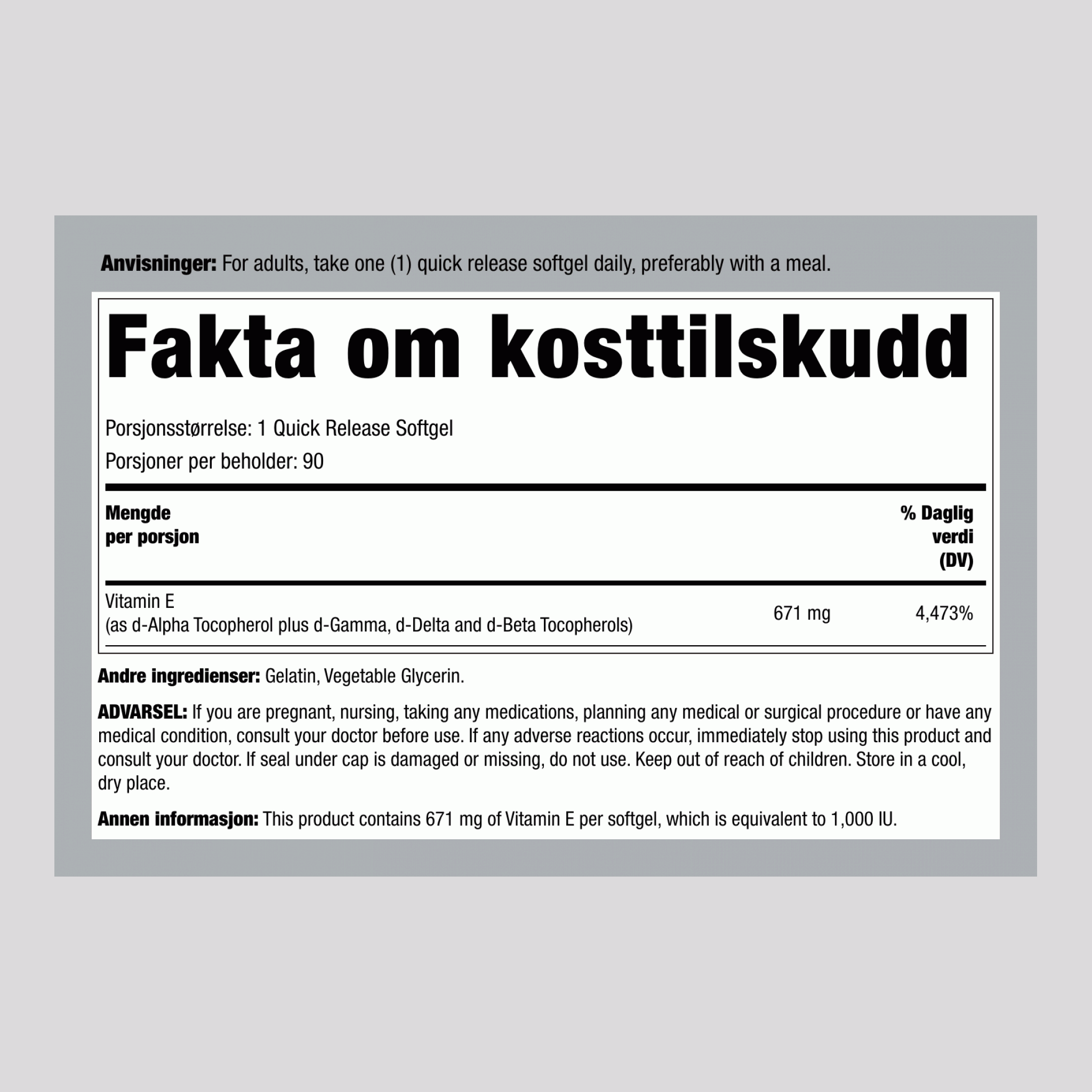 Vitamin E pluss blandede tokoferoler 1000 IU 90 Myke geler     