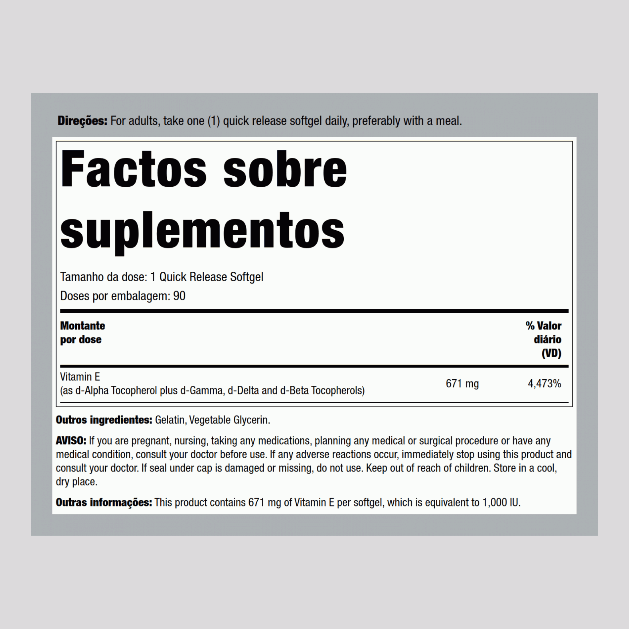 Vitamina E mais tocoferois mistos 1000 IU 90 Cápsulas gelatinosas     