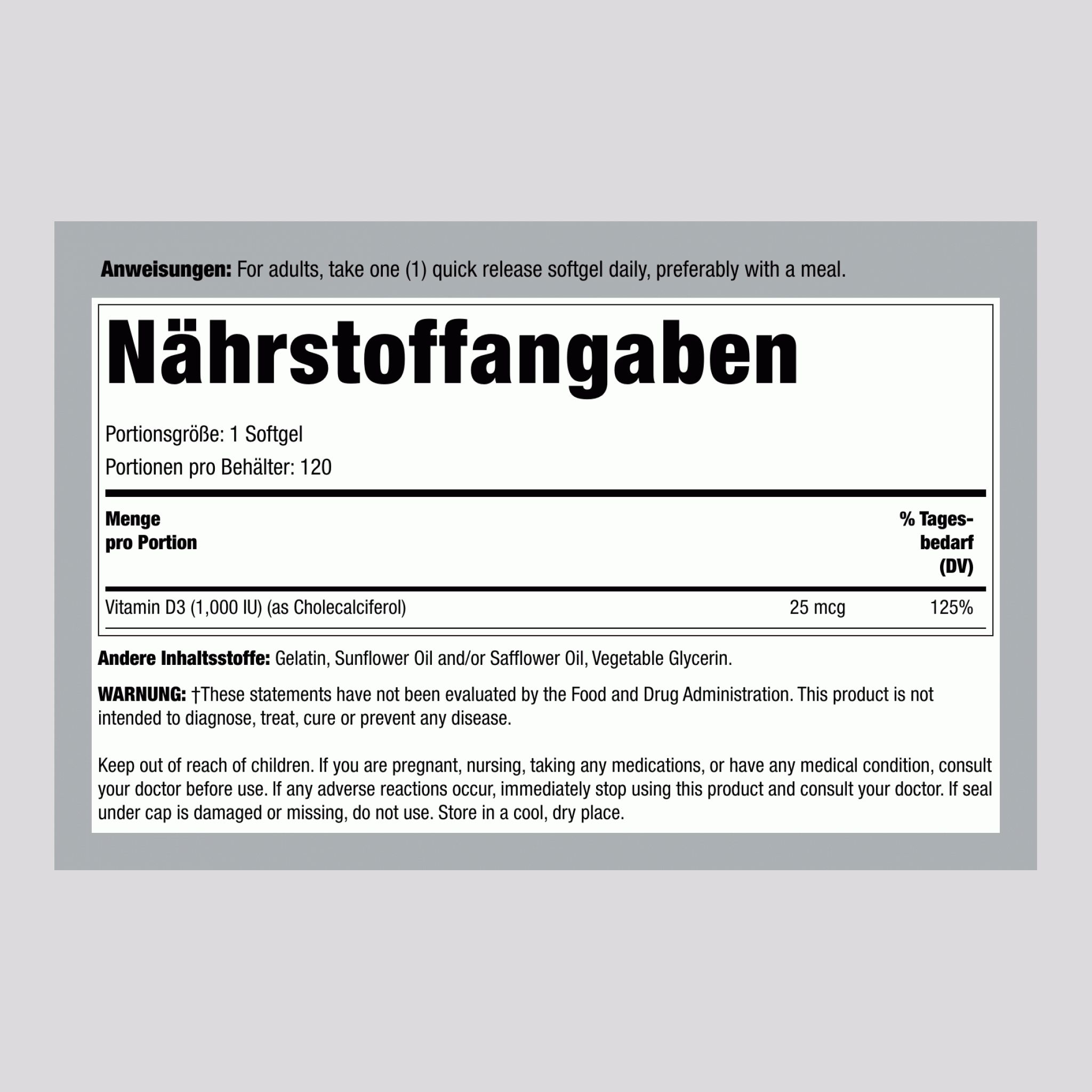 Vitamin D3 1000 IU 120 Softgele mit schneller Freisetzung     