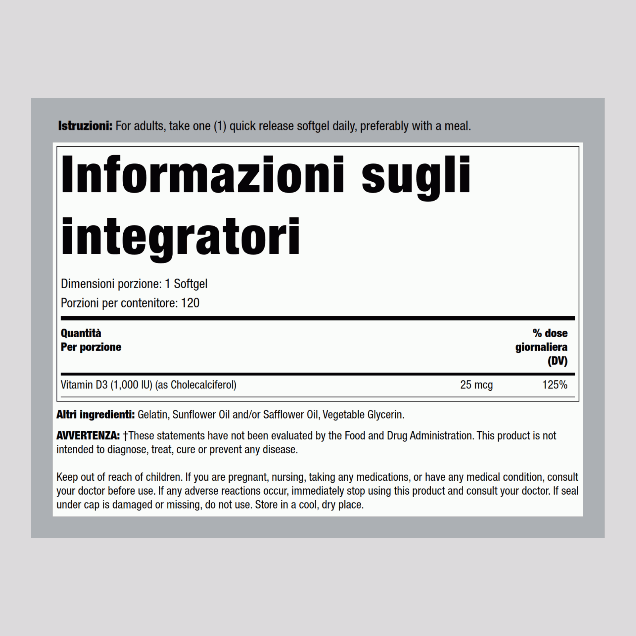 Vitamina D 3 1000 IU 120 Capsule in gelatina molle a rilascio rapido     