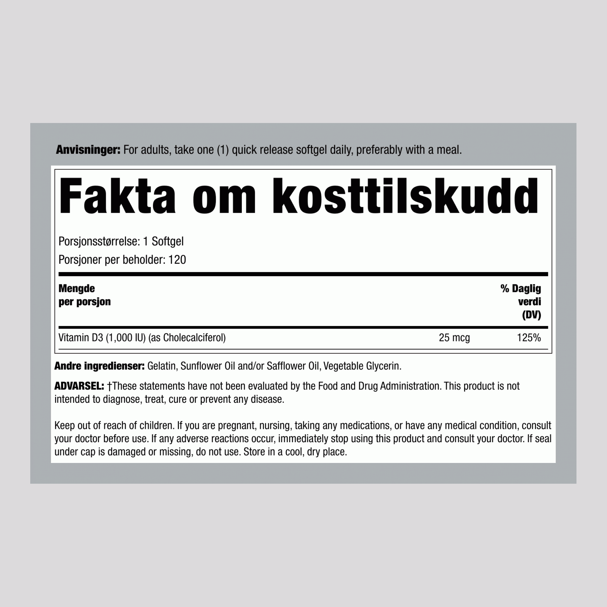 Vitamin D 3 1000 IU 120 Hurtigvirkende myke geleer     