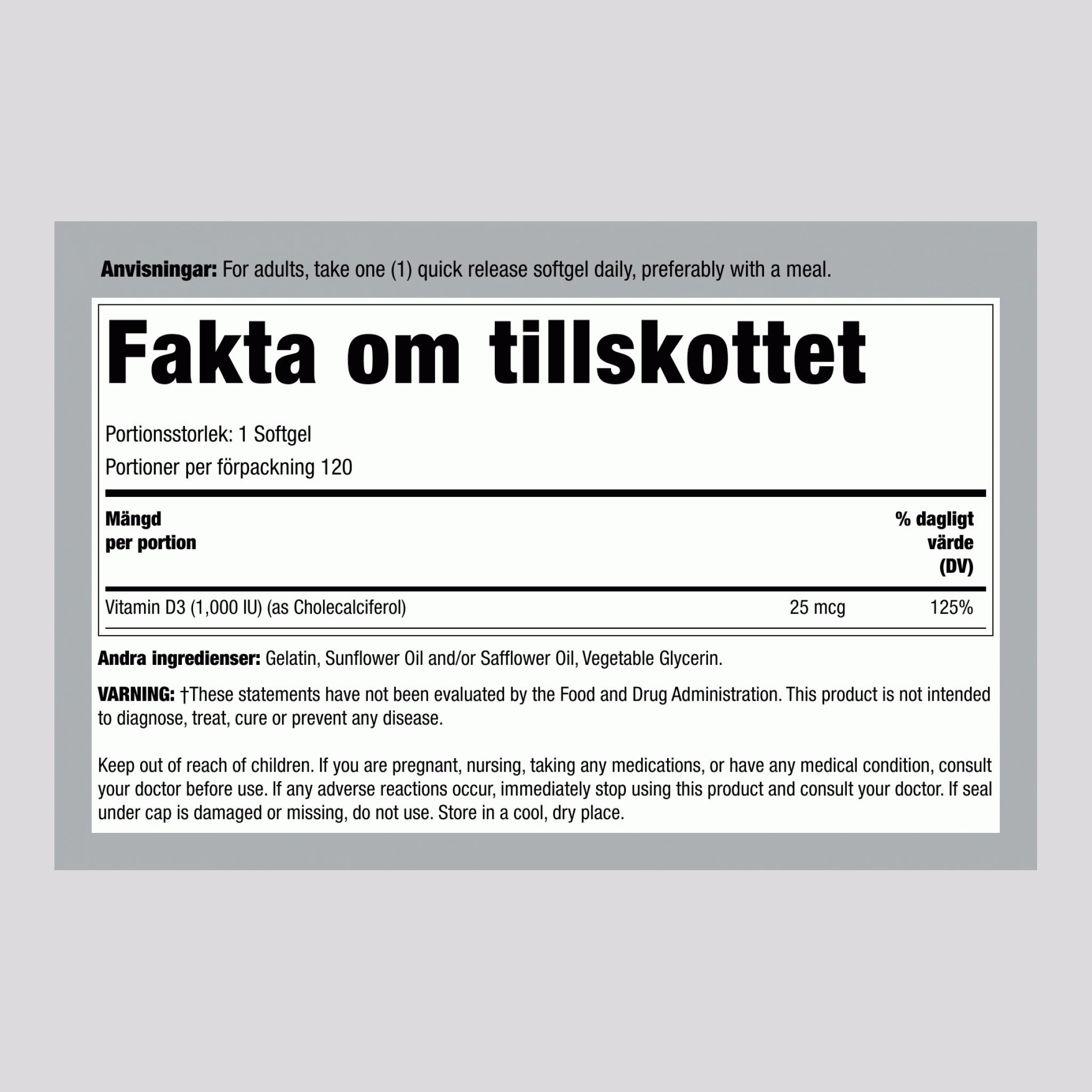 Vitamin D 3 1000 IU 120 Snabbverkande gelékapslar     