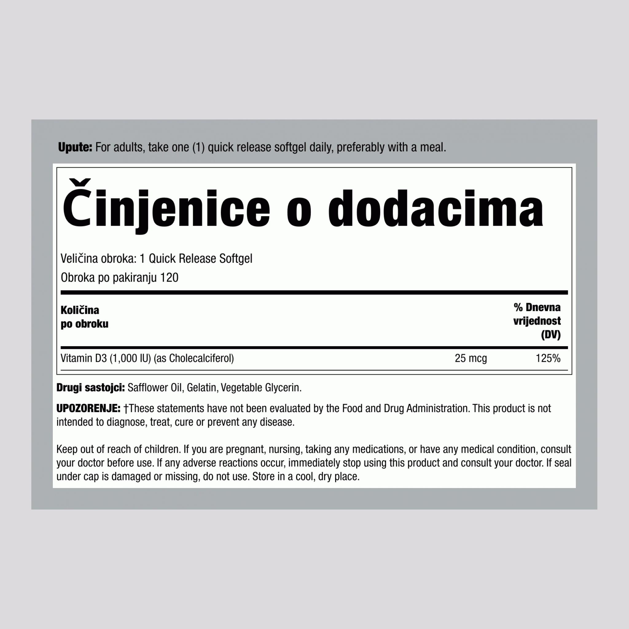 Vitamin D 3,  1000 IU 120 Gelovi s brzim otpuštanjem 2 Boce