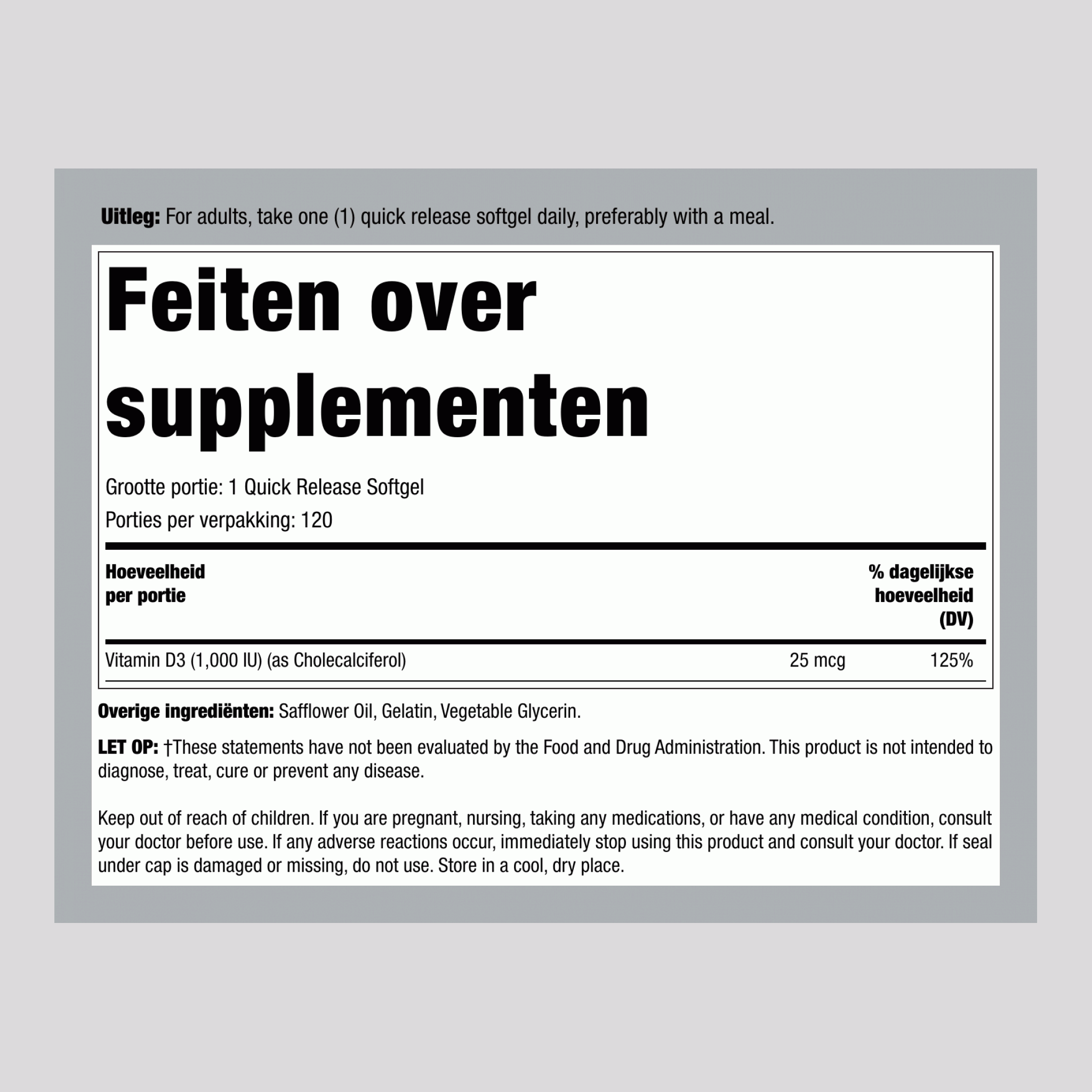 Vitamine D3,  1000 IU 120 Snel afgevende softgels 2 Flessen